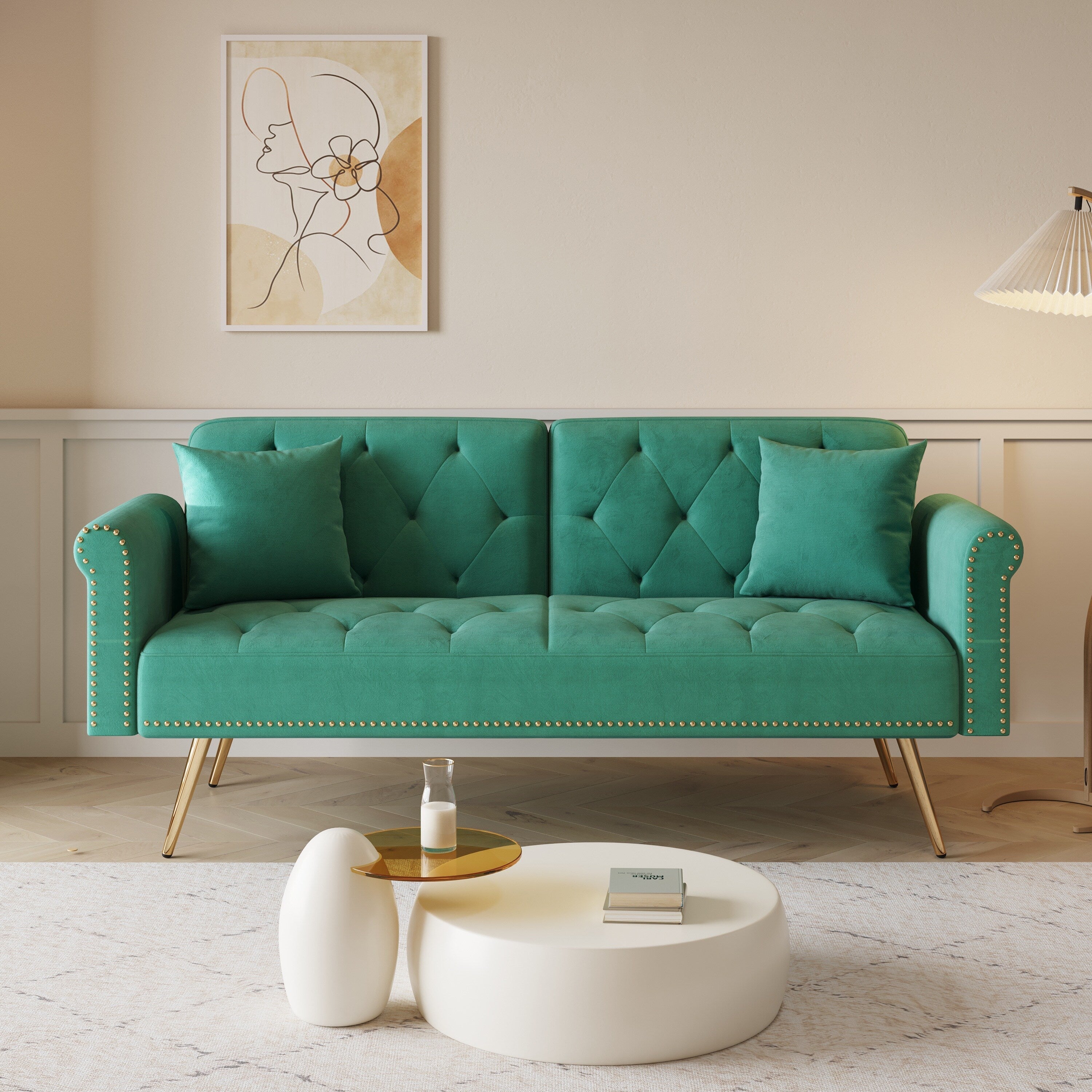 A 69.7-Inch-Long Sofa Bed Covered In Velvet Fabric, Featuring Nail Head Trim And Accompanied By A Matching Throw Pillow
