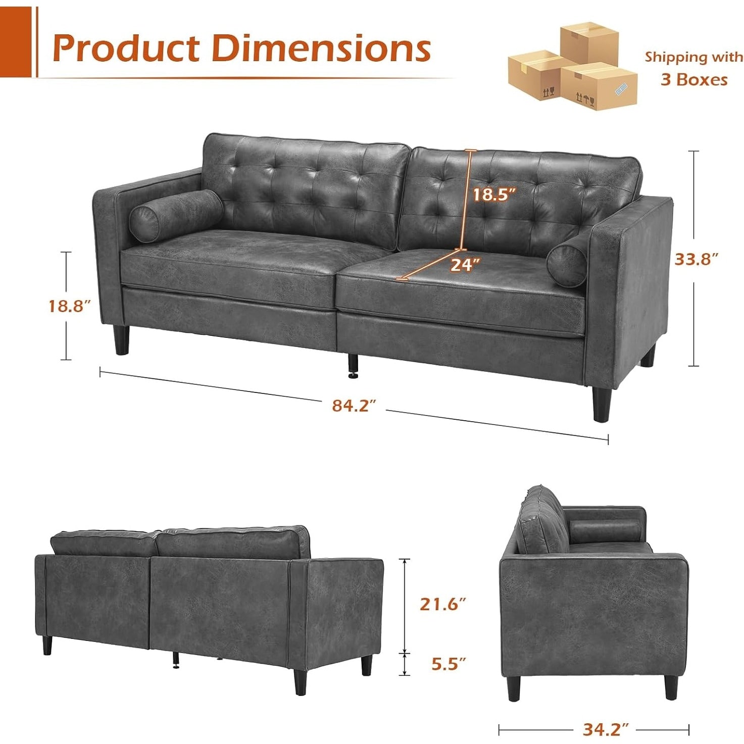 AECOJOY 84.2 Mid Century Modern Sofa with 2 Bolster Pillows
