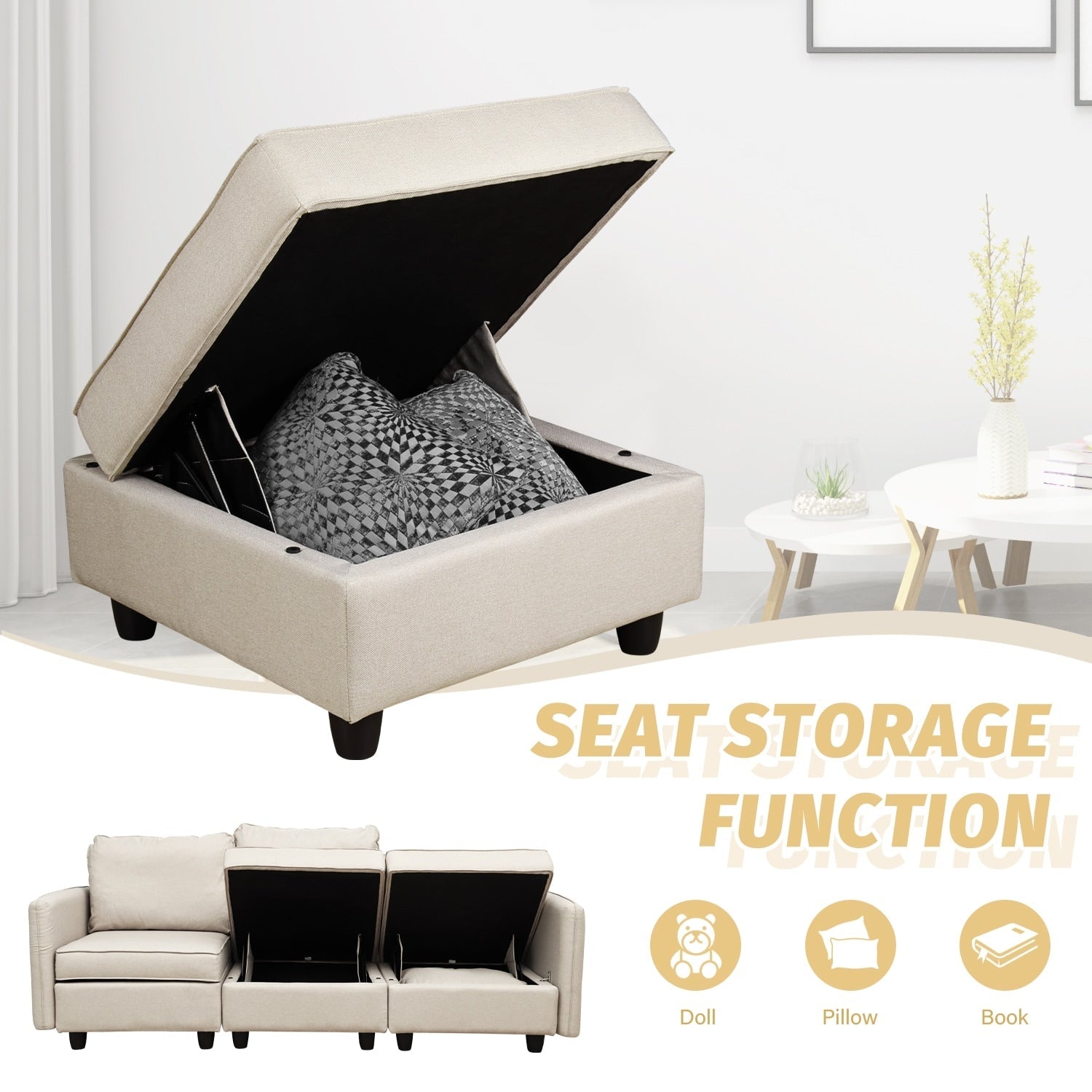 Sofa with Storage, Upholstered Sofa Couch with Modern Linen Fabric