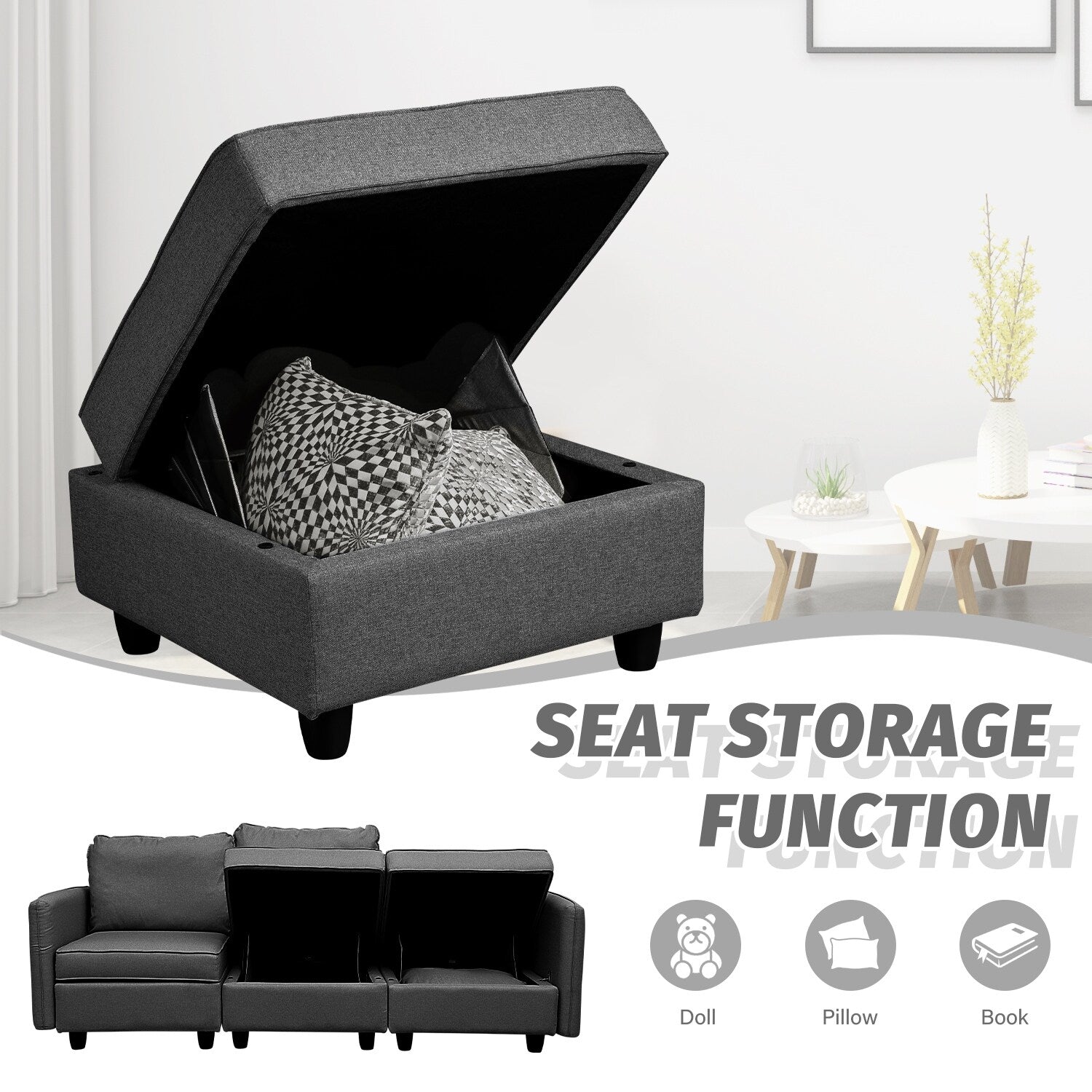 Sofa with Storage, Upholstered Sofa Couch with Modern Linen Fabric