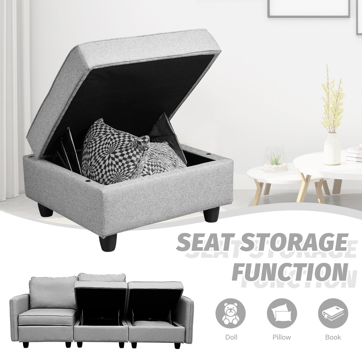 Sofa with Storage, Upholstered Sofa Couch with Modern Linen Fabric