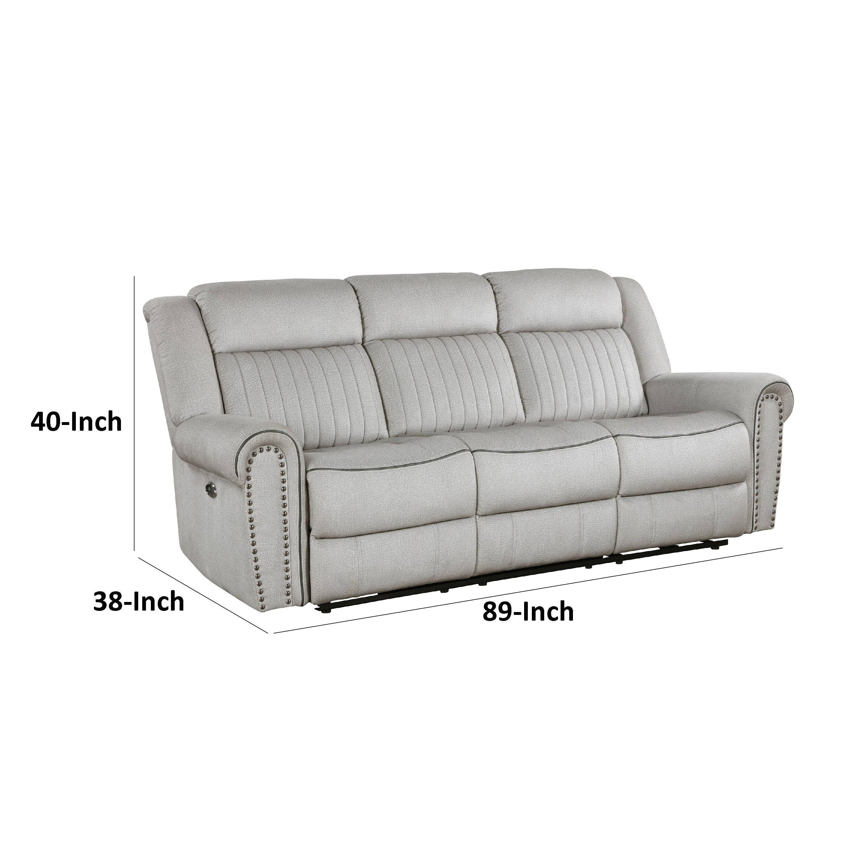 Ben Power Reclining Sofa, 89 Inch, Gray Microfiber, Nailhead Trims