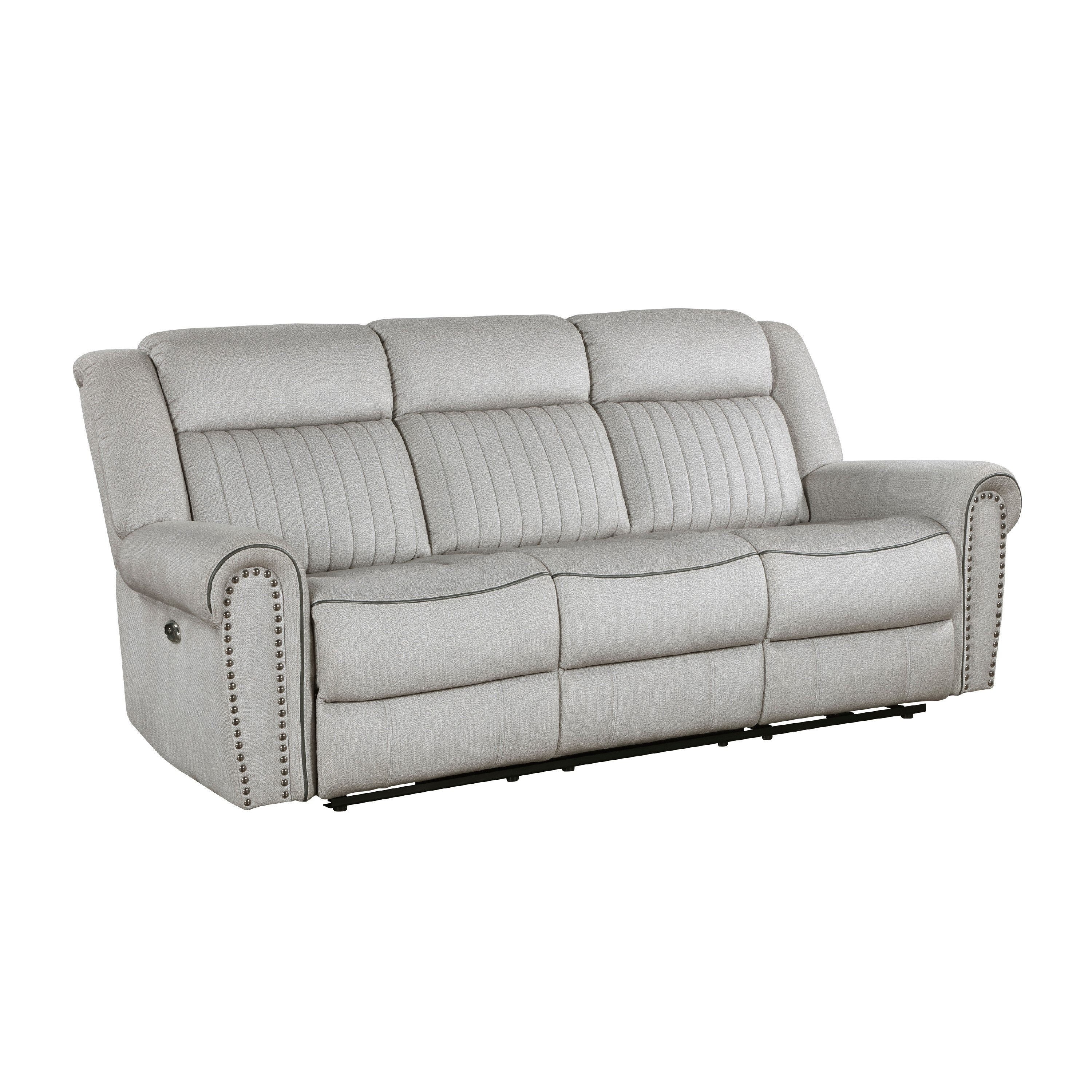 Ben Power Reclining Sofa, 89 Inch, Gray Microfiber, Nailhead Trims