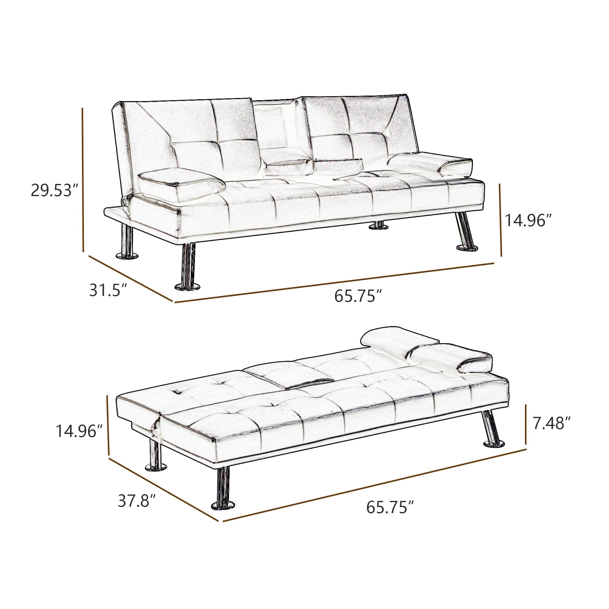 Black Faux Leather Loveseat Sofa Bed With Cup Holders , Convertible Folding Sleeper Couch Bed . - 31.50 x 65.75 x 29.53