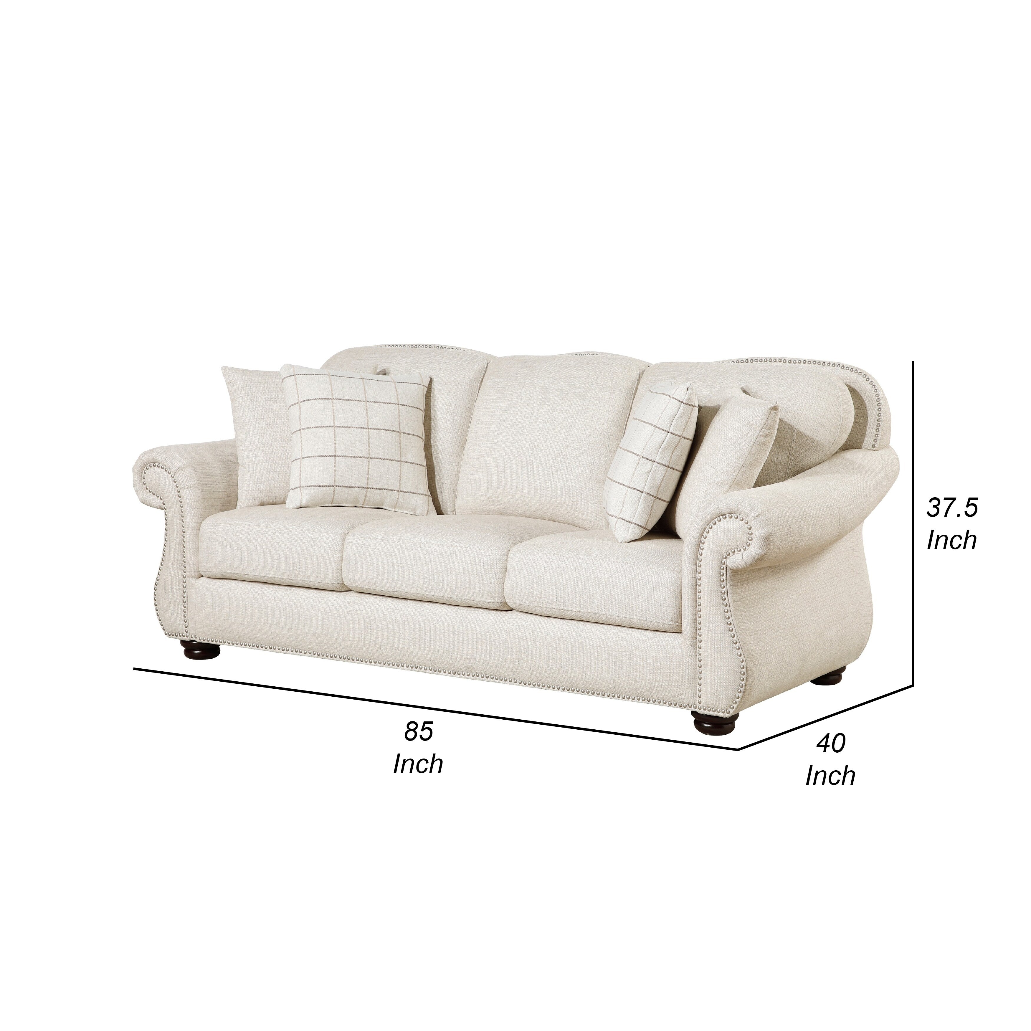 Boro Sofa with 4 Accent Pillows 85 Inch, Plush Beige Fabric