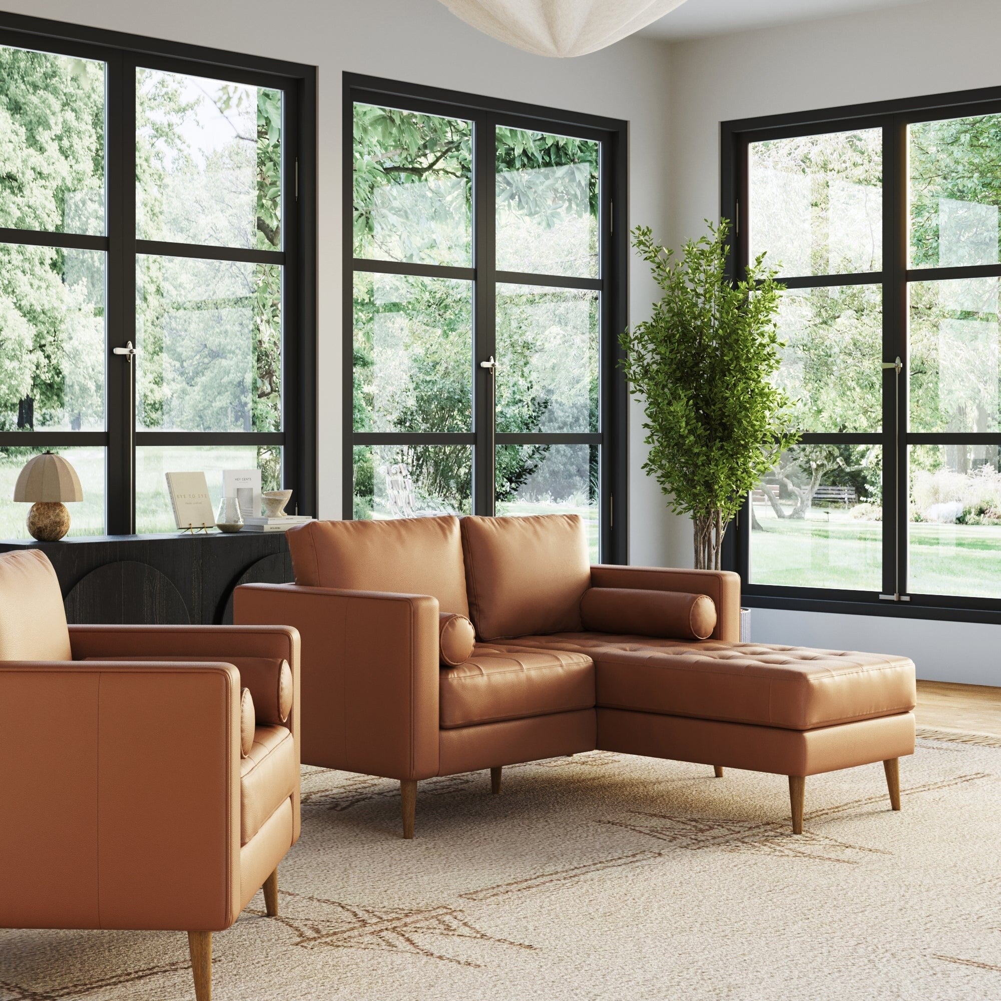 Breeze Mid Century Modern Sofa, Leather Couch with Tufted Cushion and Solid Wood Frame