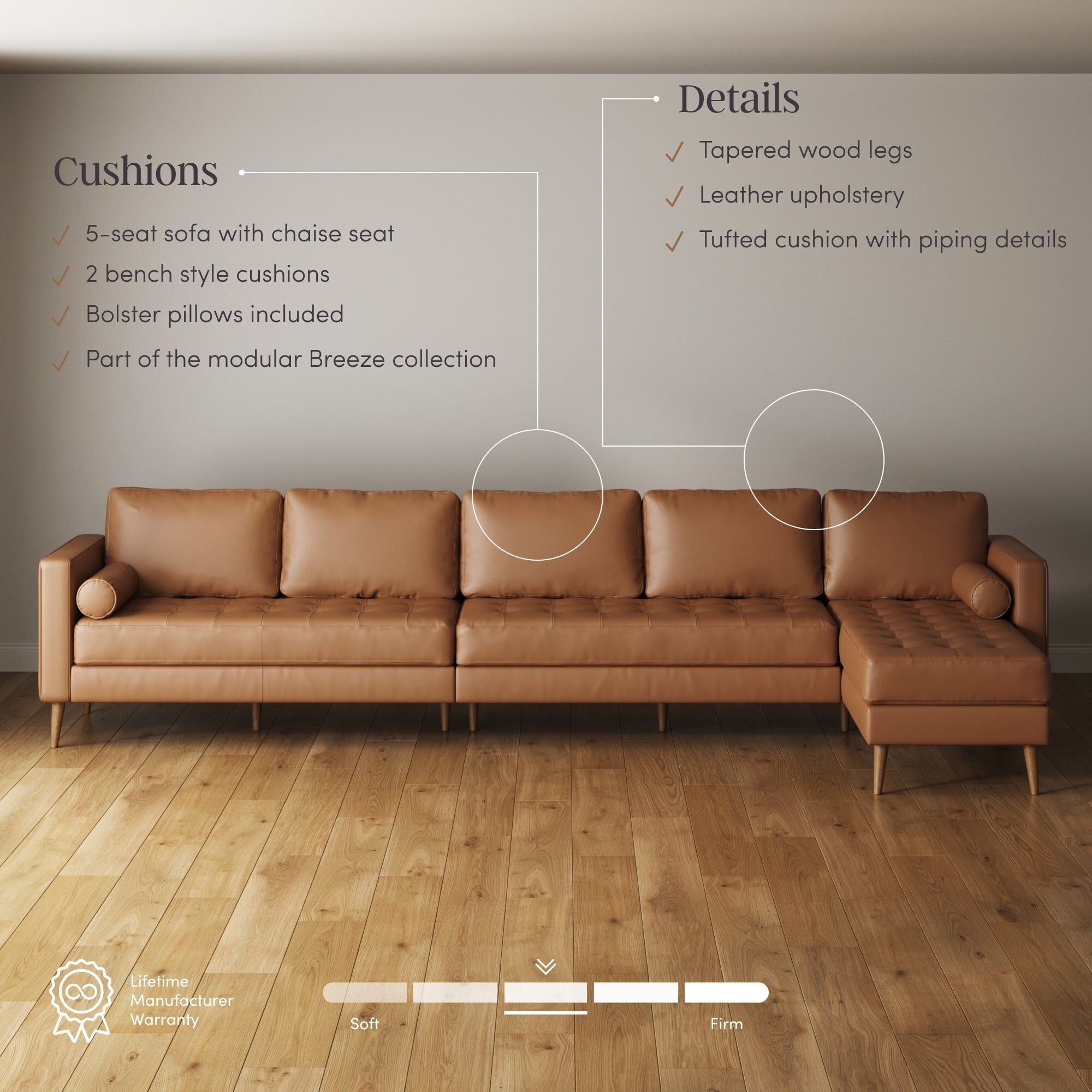 Breeze Mid Century Modern Sofa, Leather Couch with Tufted Cushion and Solid Wood Frame