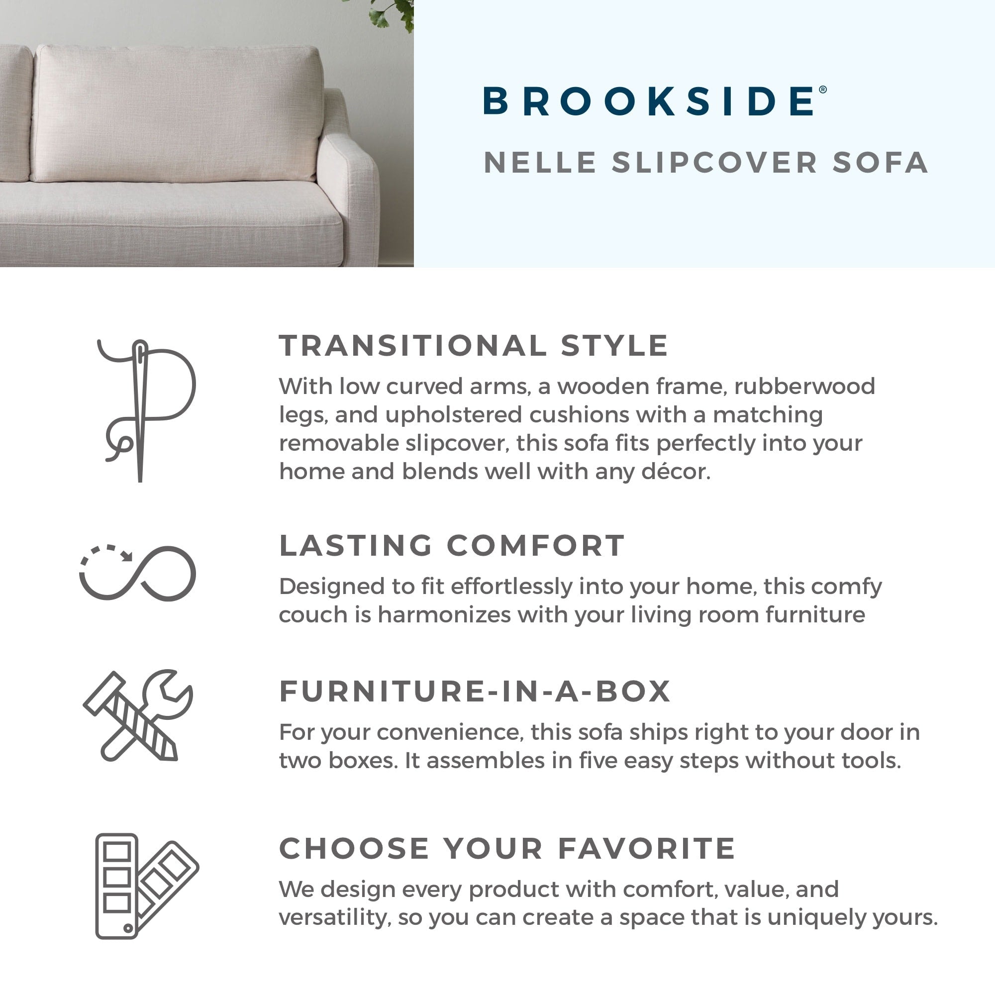 Brookside Nelle 3-Seater Upholstered Slipcover Sofa