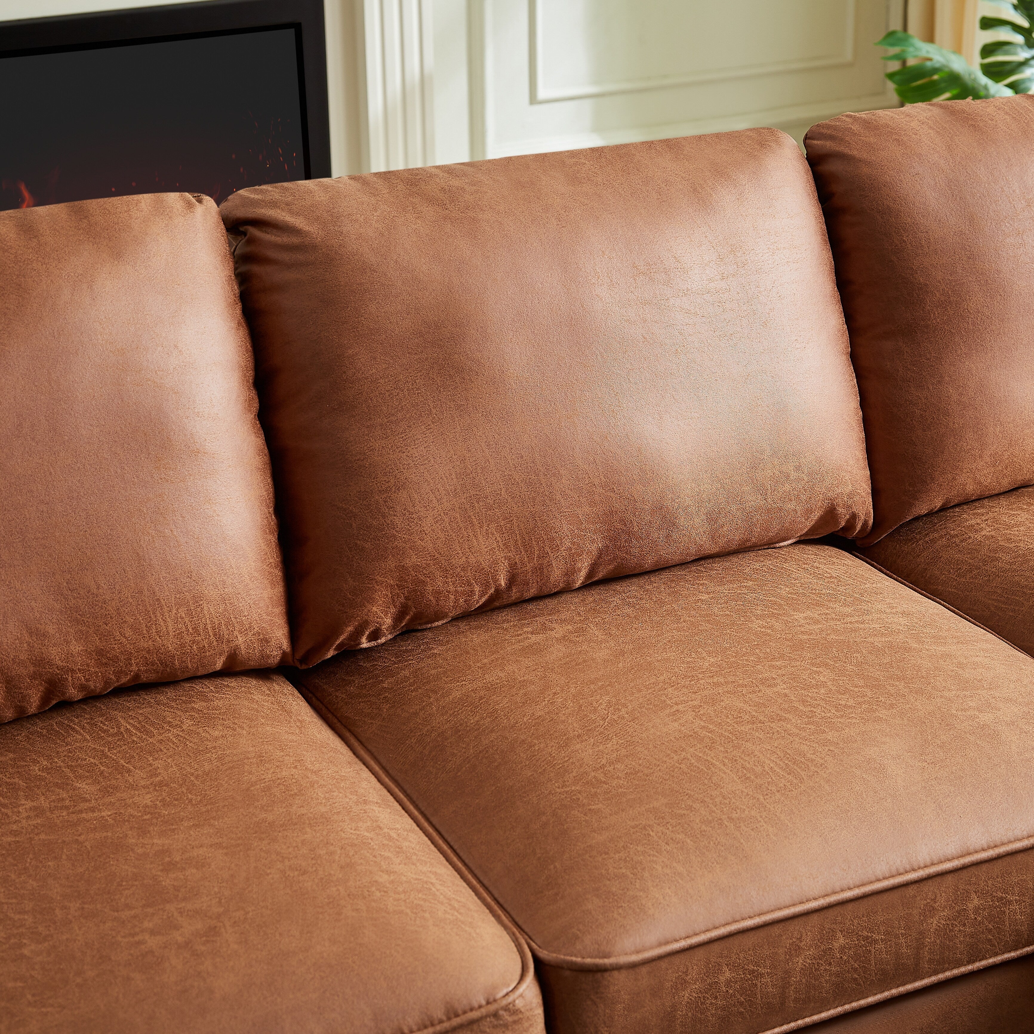 Brown 82.2'' PU Leather L Shape 3 Seater Sofa Couch with Left Chaise and Nailheads, Copper Nail Accents, Strong Wooden Legs