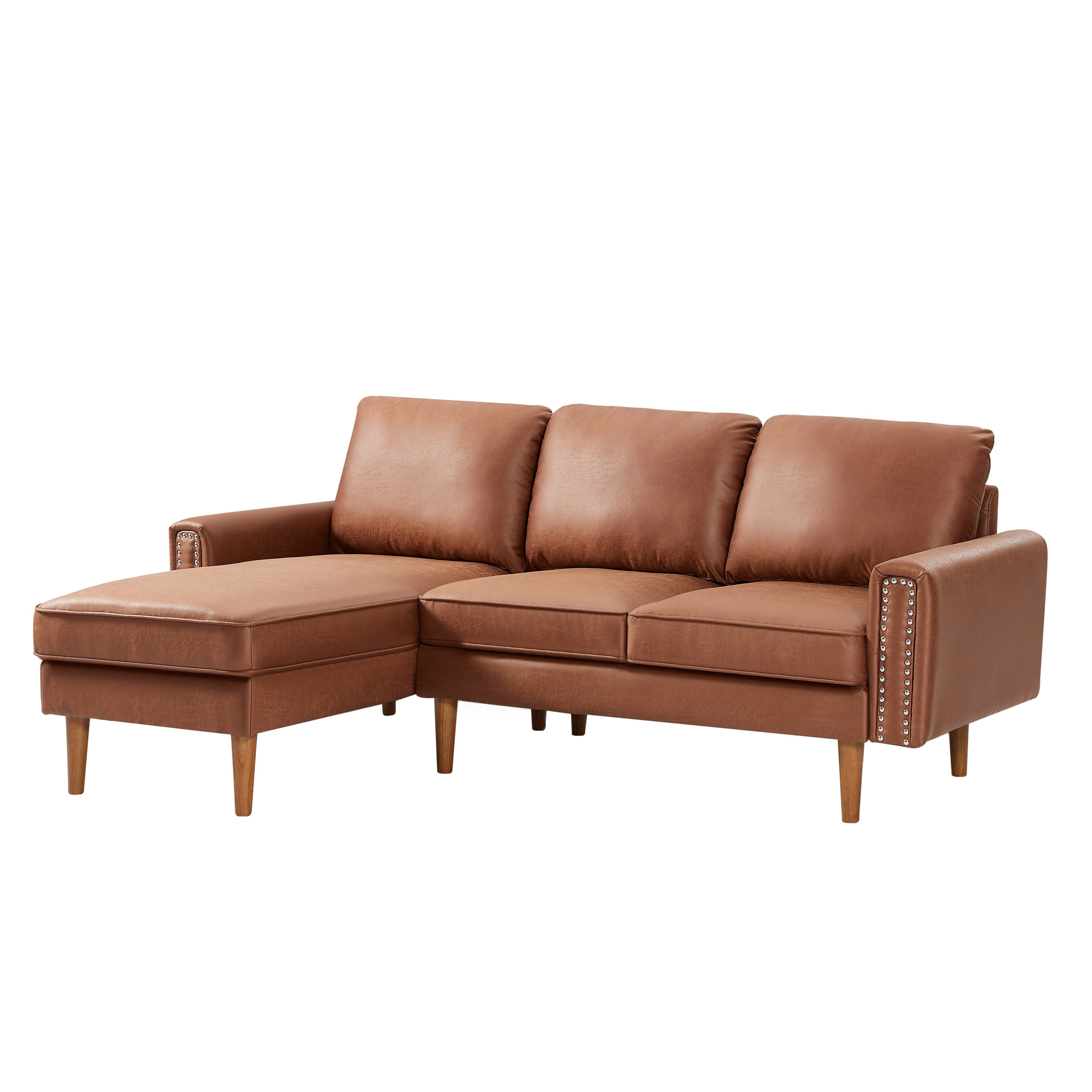 Brown 82.2'' PU Leather L Shape 3 Seater Sofa Couch with Left Chaise and Nailheads, Copper Nail Accents, Strong Wooden Legs