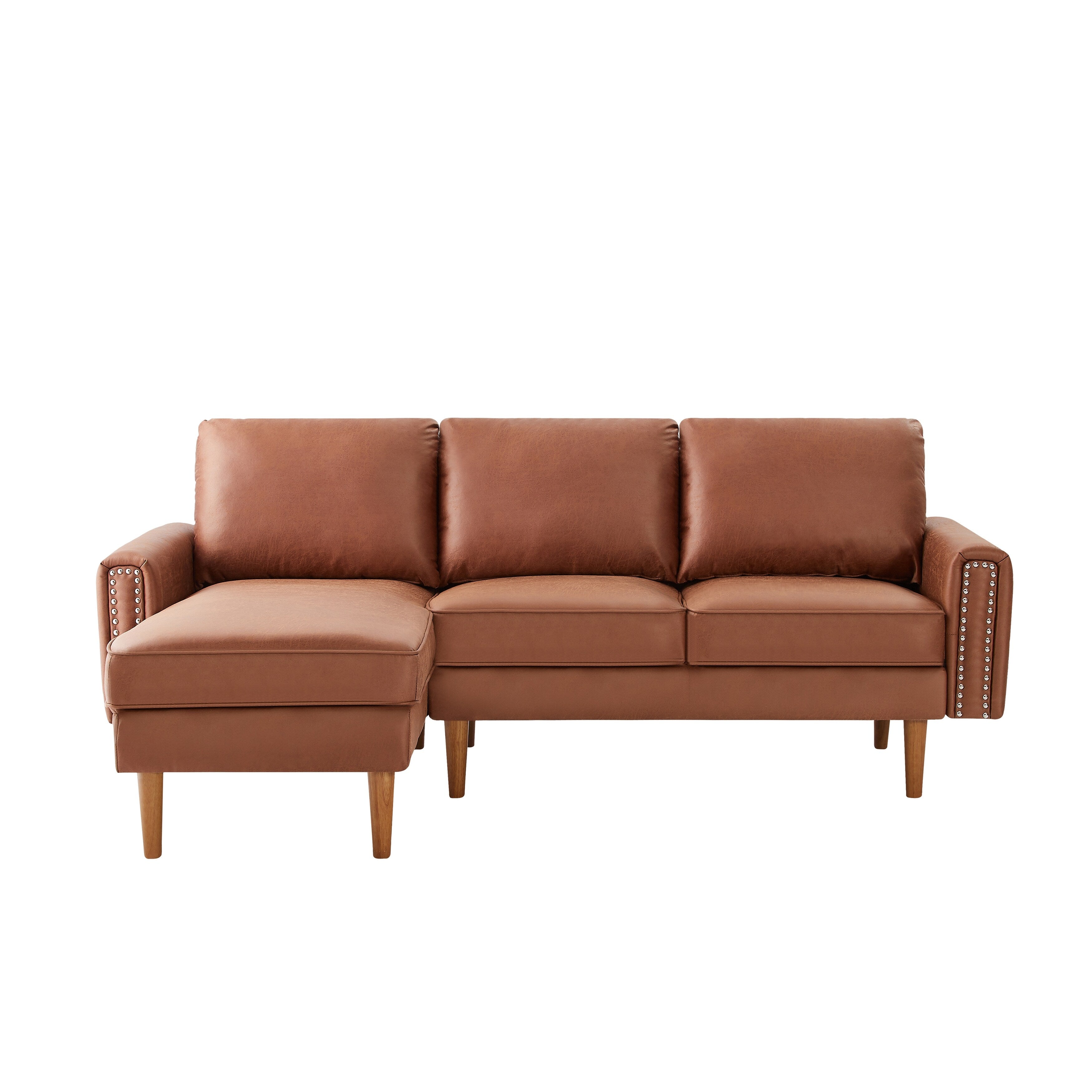 Brown 82.2'' PU Leather L Shape 3 Seater Sofa Couch with Left Chaise and Nailheads, Copper Nail Accents, Strong Wooden Legs