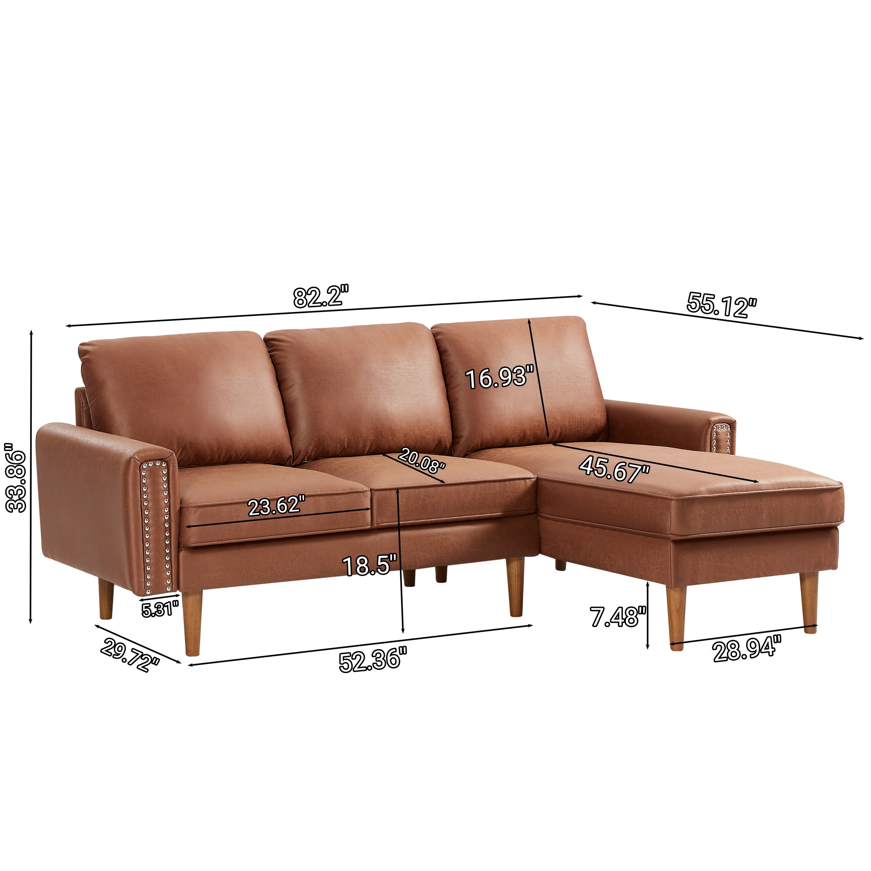 Brown 82.2'' PU Leather L Shape 3 Seater Sofa Couch with Left Chaise and Nailheads, Copper Nail Accents, Strong Wooden Legs