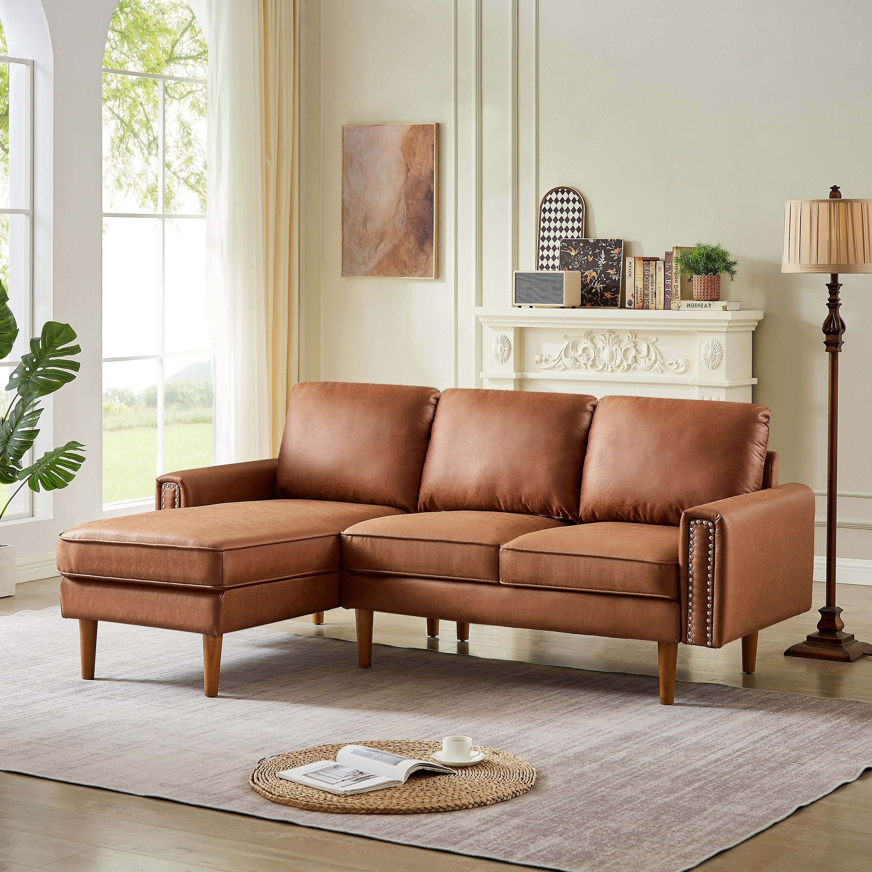 Brown 82.2'' PU Leather L Shape 3 Seater Sofa Couch with Left Chaise and Nailheads, Copper Nail Accents, Strong Wooden Legs