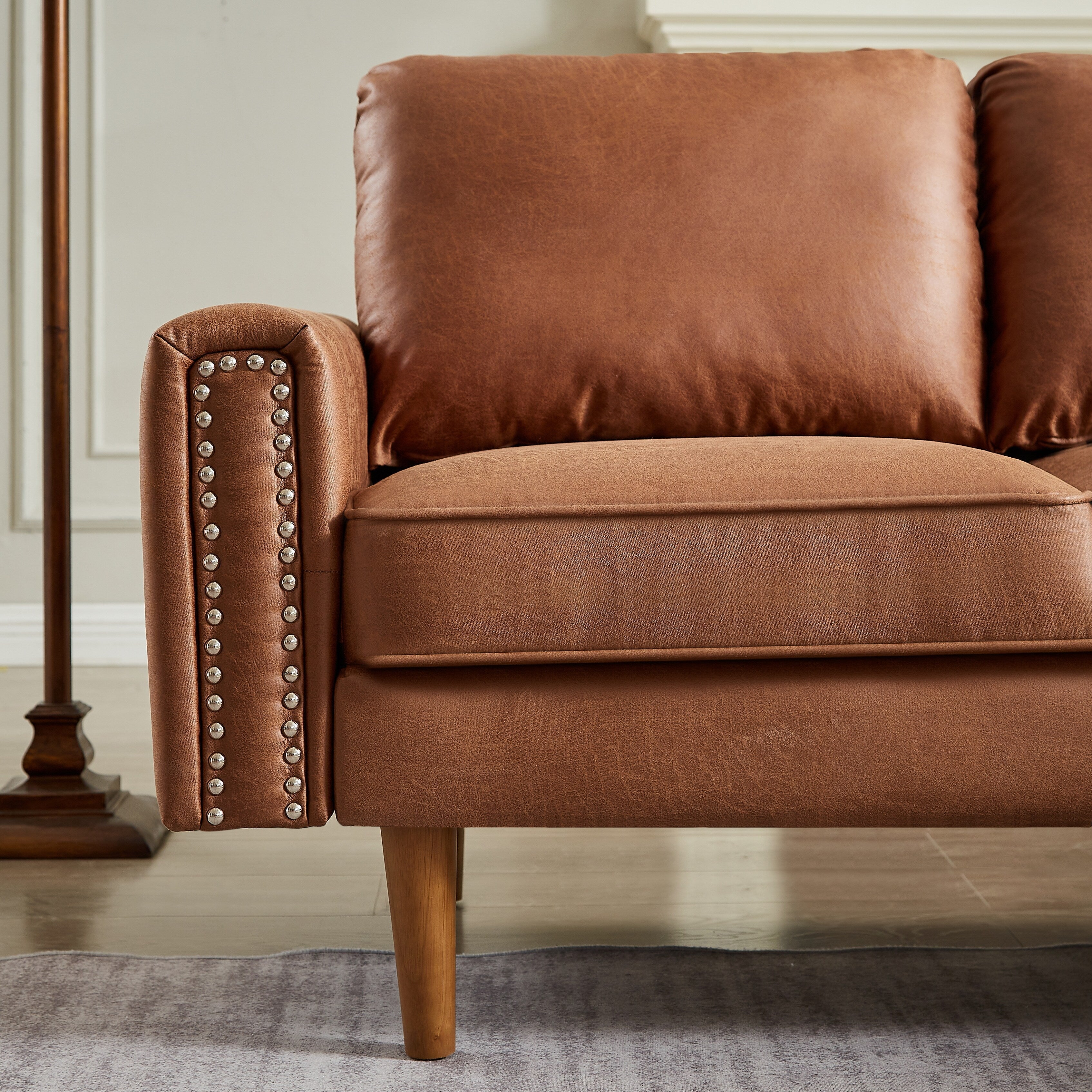 Brown 82.2'' PU Leather L Shape 3 Seater Sofa Couch with Left Chaise and Nailheads, Copper Nail Accents, Strong Wooden Legs