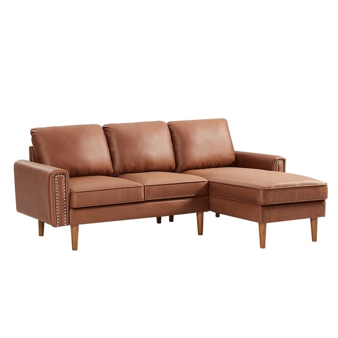 Brown 82.2'' PU Leather L Shape 3 Seater Sofa Couch with Left Chaise and Nailheads, Copper Nail Accents, Strong Wooden Legs