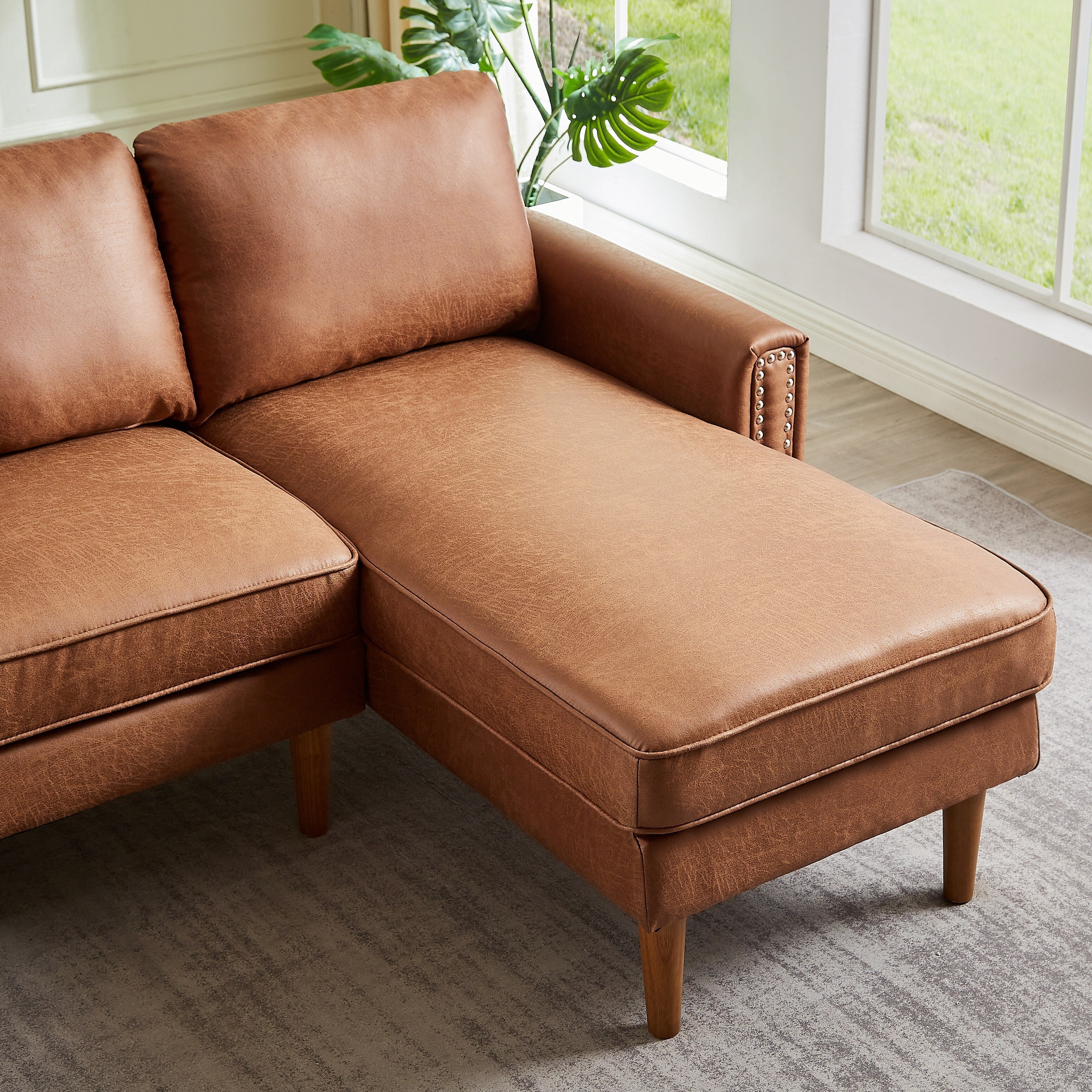 Brown 82.2'' PU Leather L Shape 3 Seater Sofa Couch with Left Chaise and Nailheads, Copper Nail Accents, Strong Wooden Legs