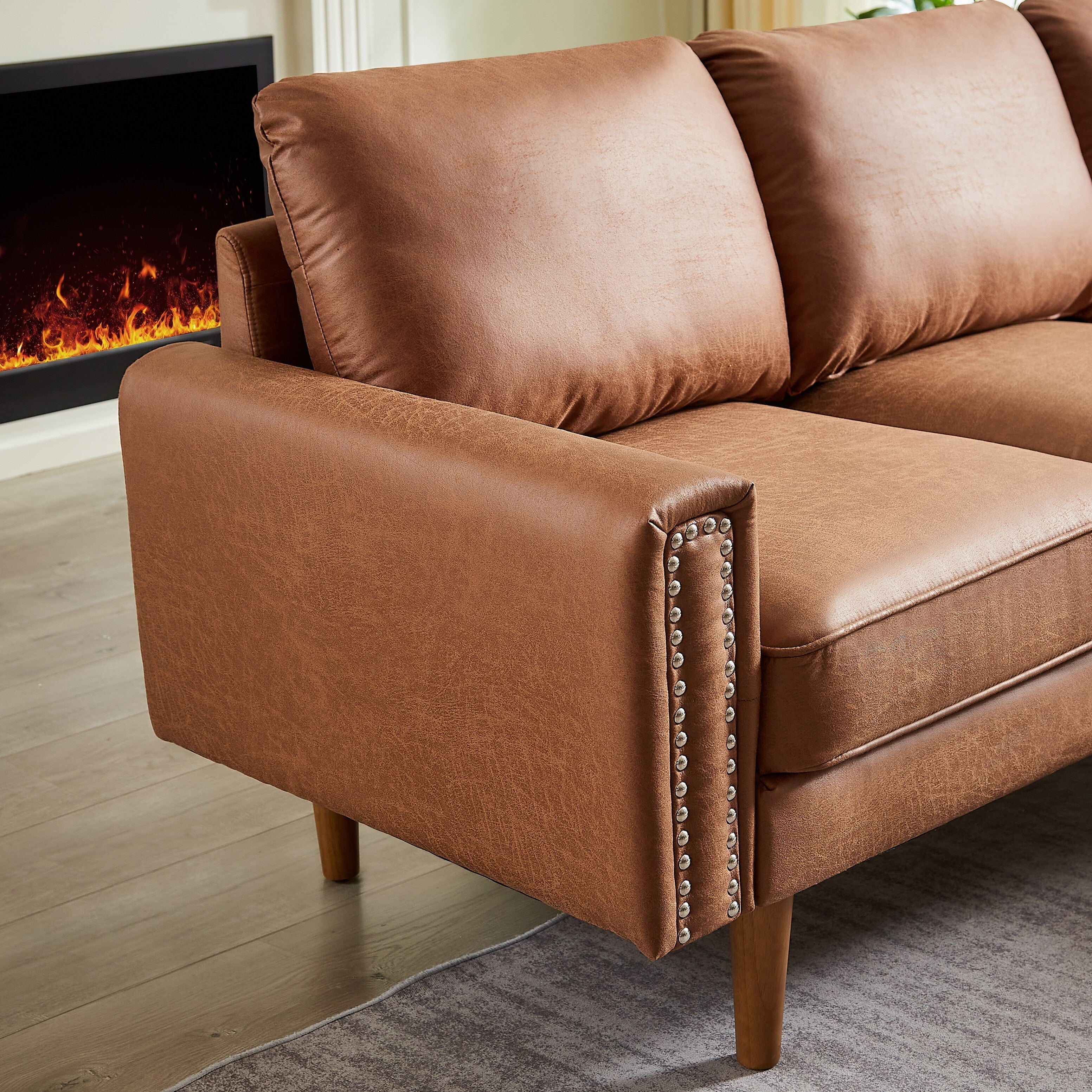 Brown 82.2'' PU Leather L Shape 3 Seater Sofa Couch with Left Chaise and Nailheads, Copper Nail Accents, Strong Wooden Legs