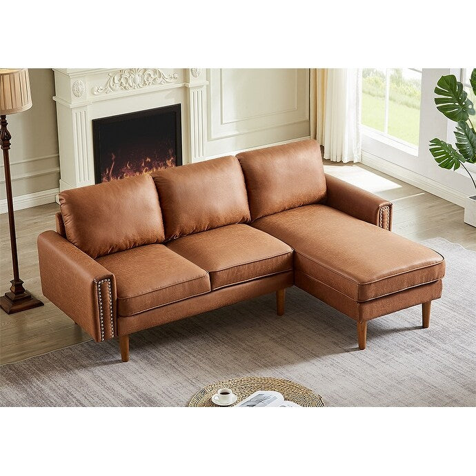 Brown 82.2'' PU Leather L Shape 3 Seater Sofa Couch with Left Chaise and Nailheads, Copper Nail Accents, Strong Wooden Legs