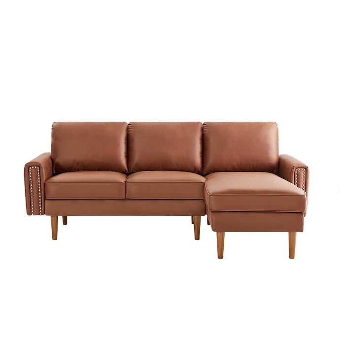 Brown 82.2'' PU Leather L Shape 3 Seater Sofa Couch with Left Chaise and Nailheads, Copper Nail Accents, Strong Wooden Legs