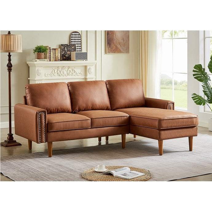 Brown 82.2'' PU Leather L Shape 3 Seater Sofa Couch with Left Chaise and Nailheads, Copper Nail Accents, Strong Wooden Legs