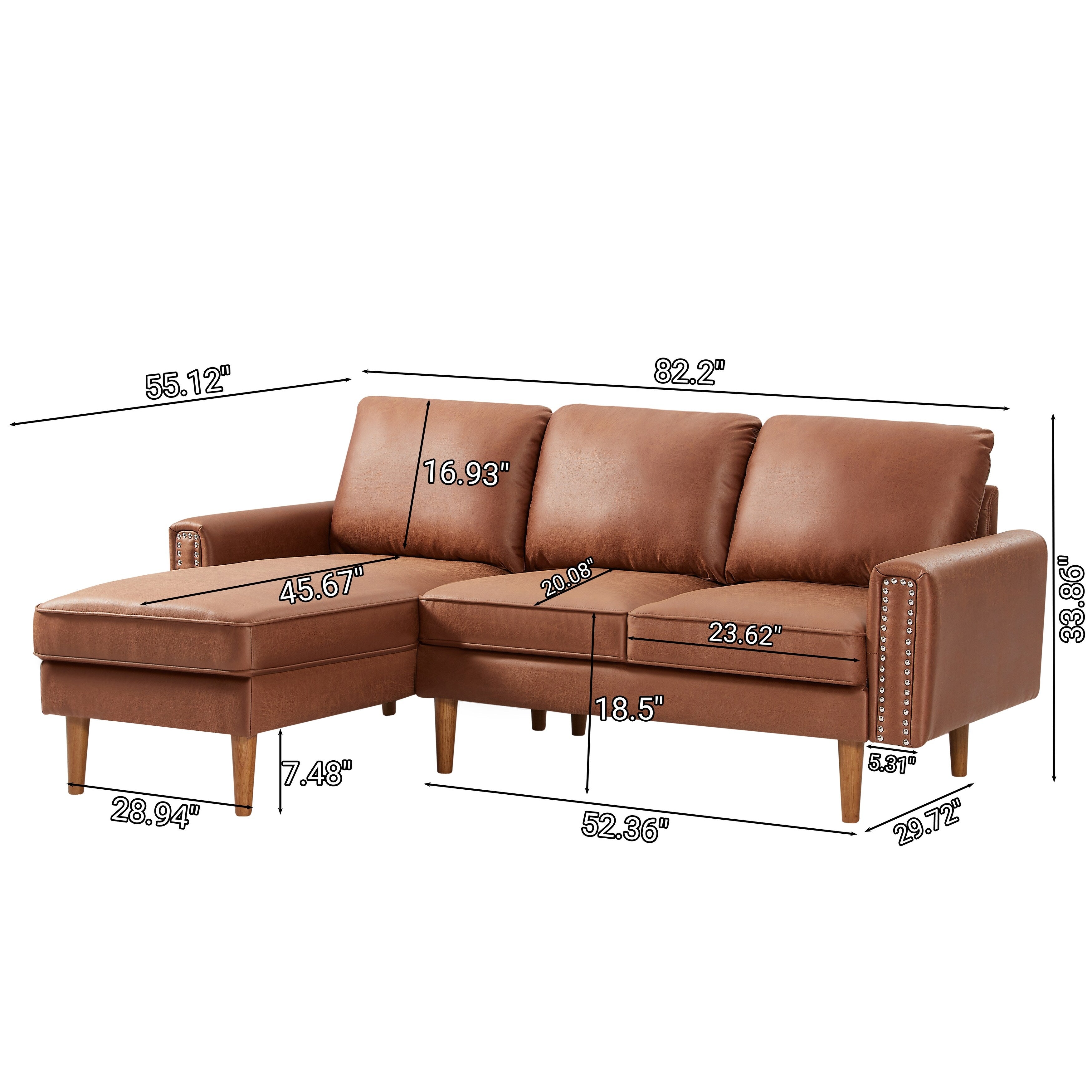 Brown 82.2'' PU Leather L Shape 3 Seater Sofa Couch with Left Chaise and Nailheads, Copper Nail Accents, Strong Wooden Legs