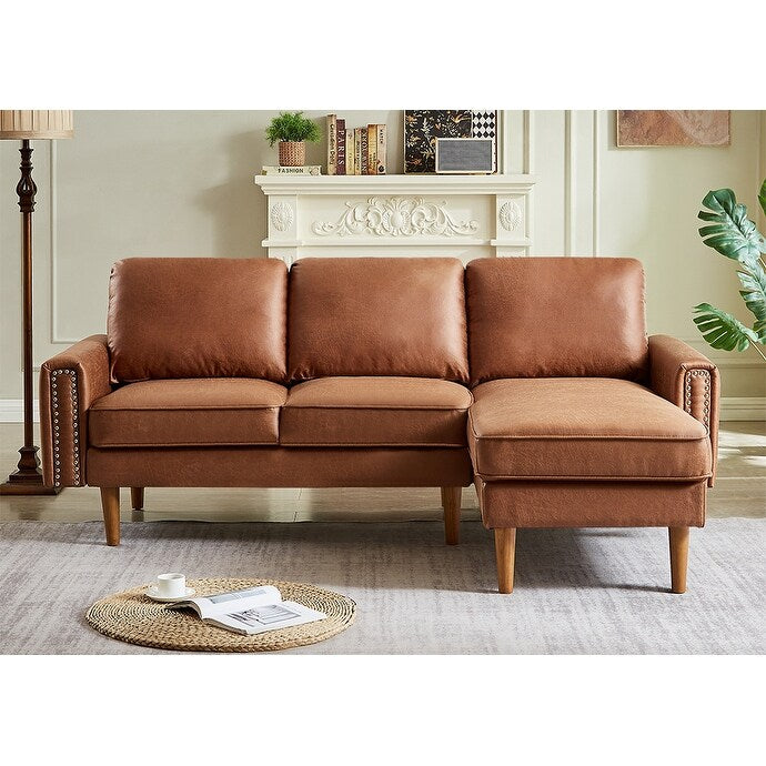 Brown 82.2'' PU Leather L Shape 3 Seater Sofa Couch with Left Chaise and Nailheads, Copper Nail Accents, Strong Wooden Legs
