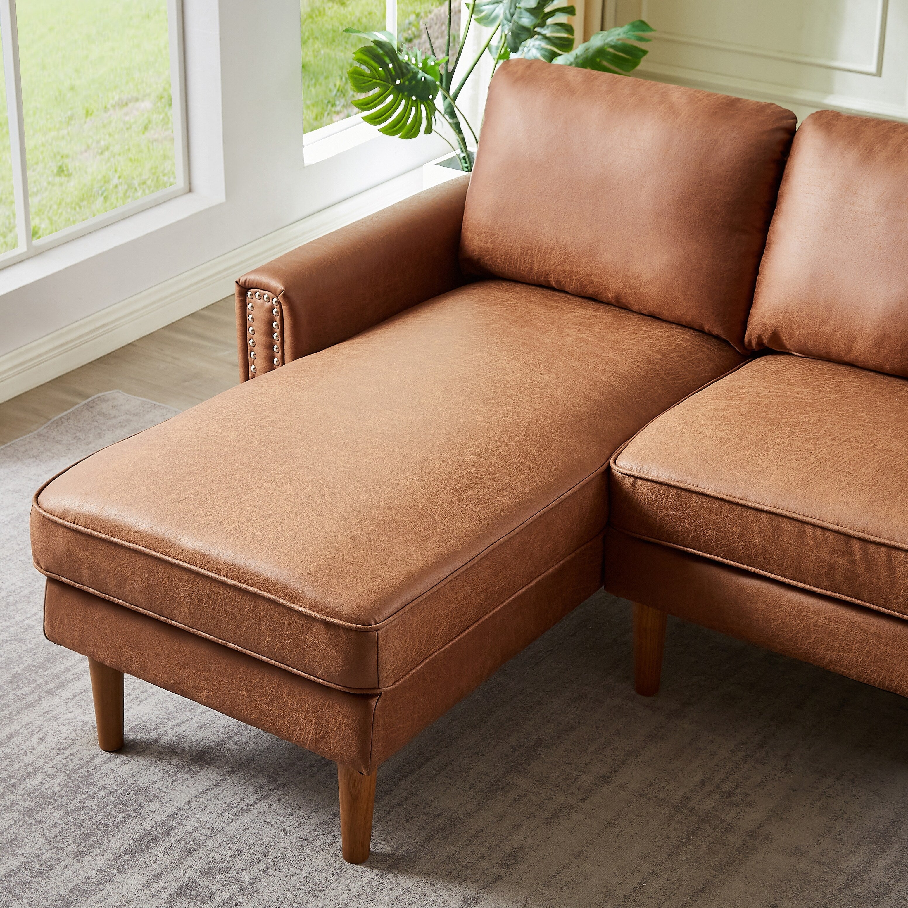 Brown 82.2'' PU Leather L Shape 3 Seater Sofa Couch with Left Chaise and Nailheads, Copper Nail Accents, Strong Wooden Legs