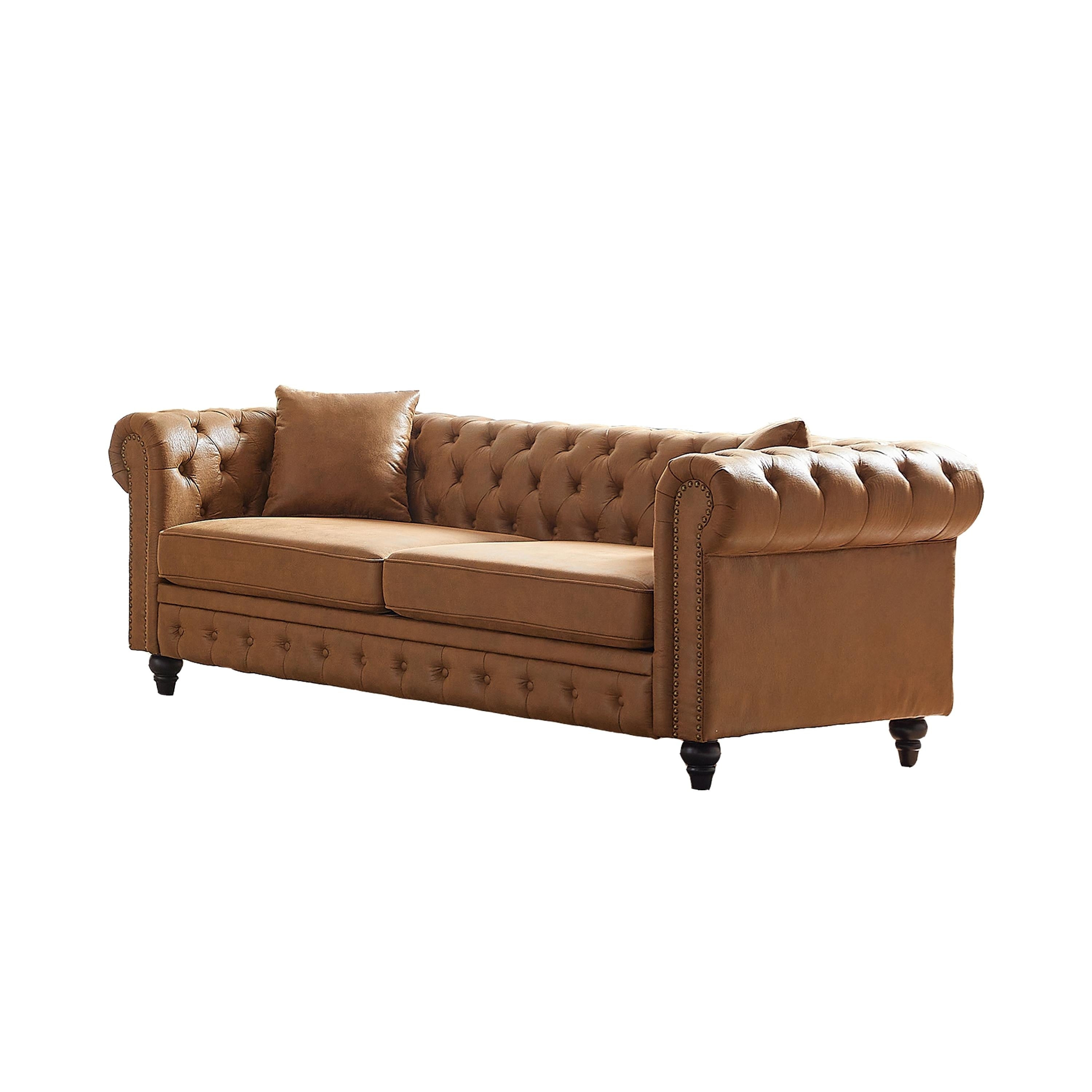 Brown 85.5 Tech Fabric 3-seater Rolled Arms Chesterfield Button Sofa with 2 Cushions for Living Room