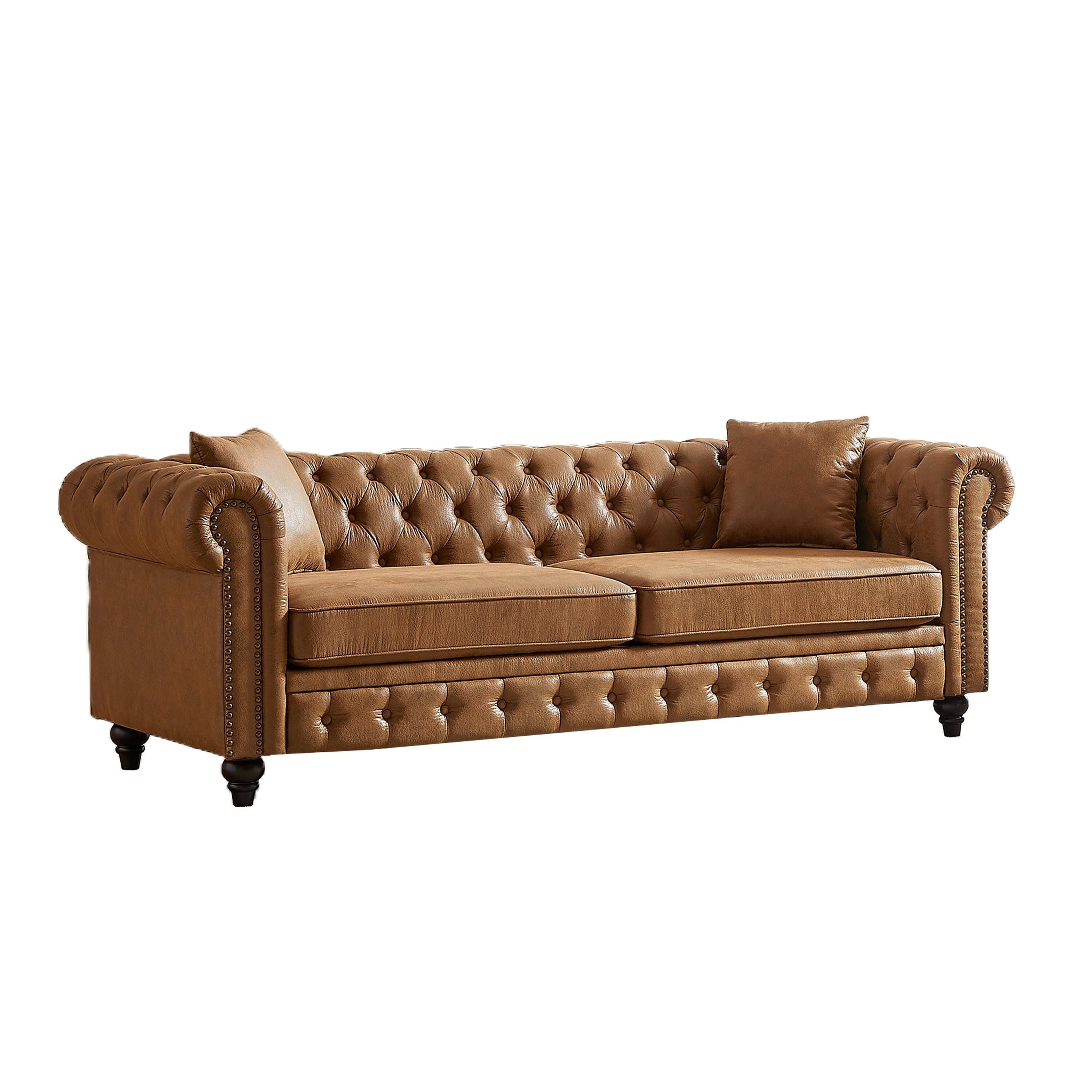 Brown 85.5 Tech Fabric 3-seater Rolled Arms Chesterfield Button Sofa with 2 Cushions for Living Room