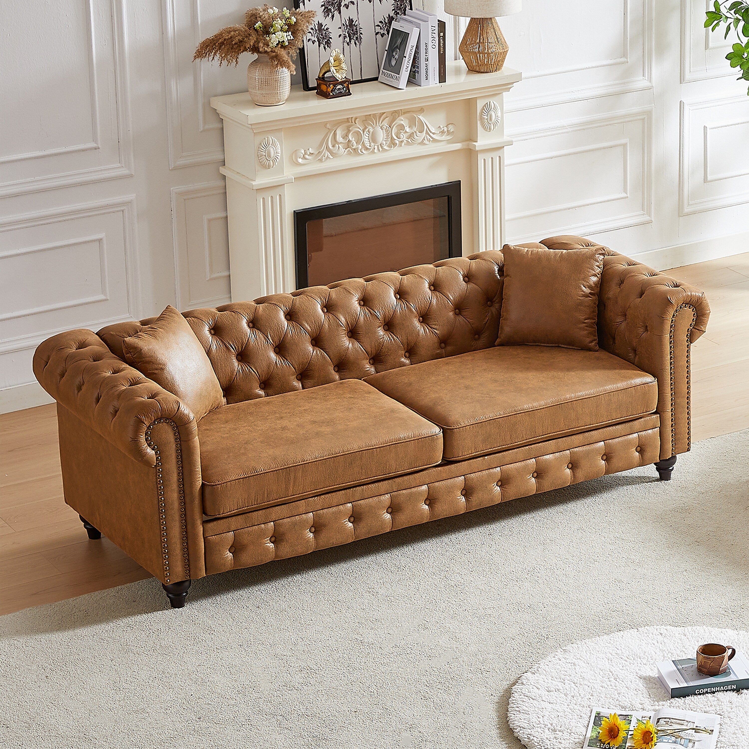 Brown 85.5 Tech Fabric 3-seater Rolled Arms Chesterfield Button Sofa with 2 Cushions for Living Room