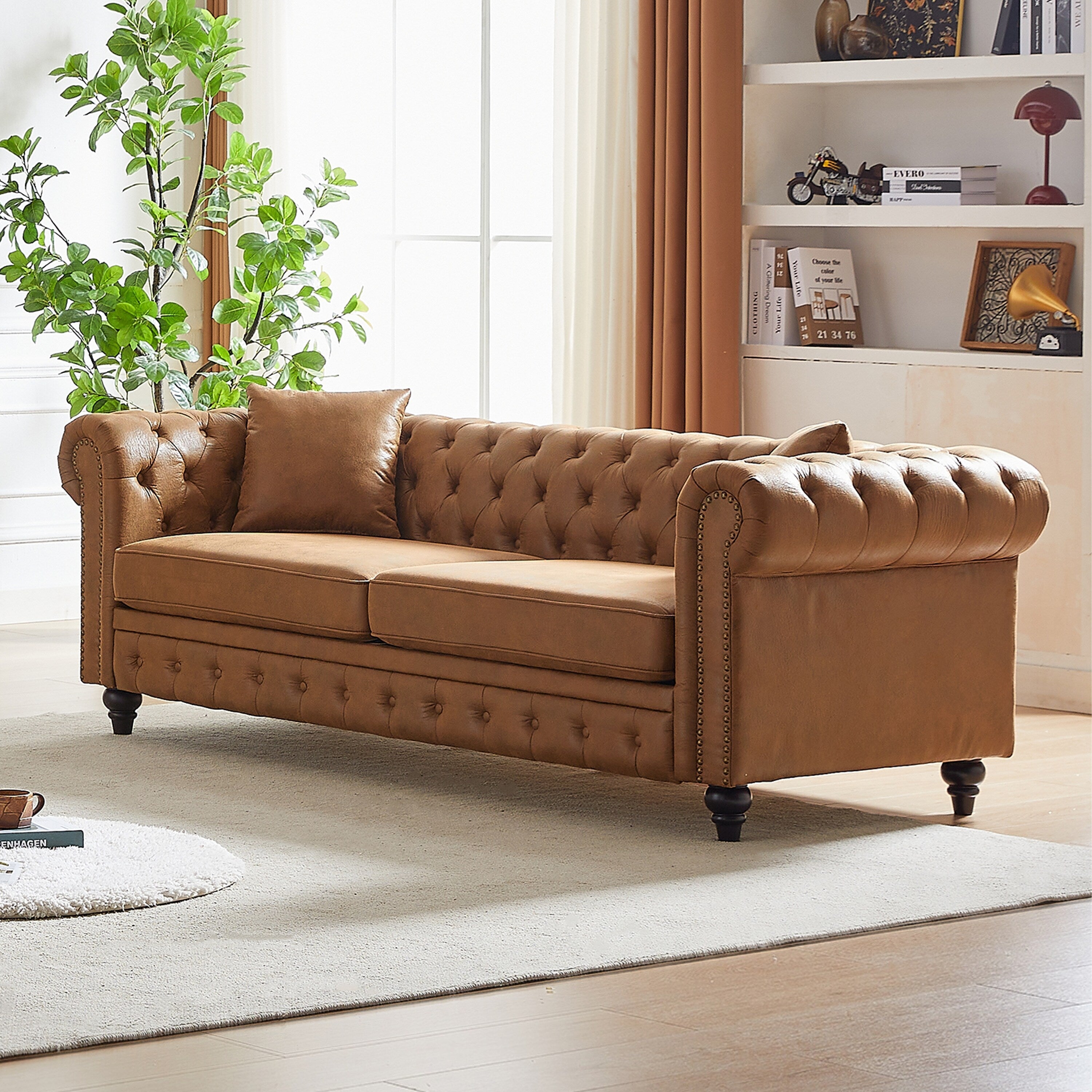 Brown 85.5 Tech Fabric 3-seater Rolled Arms Chesterfield Button Sofa with 2 Cushions for Living Room
