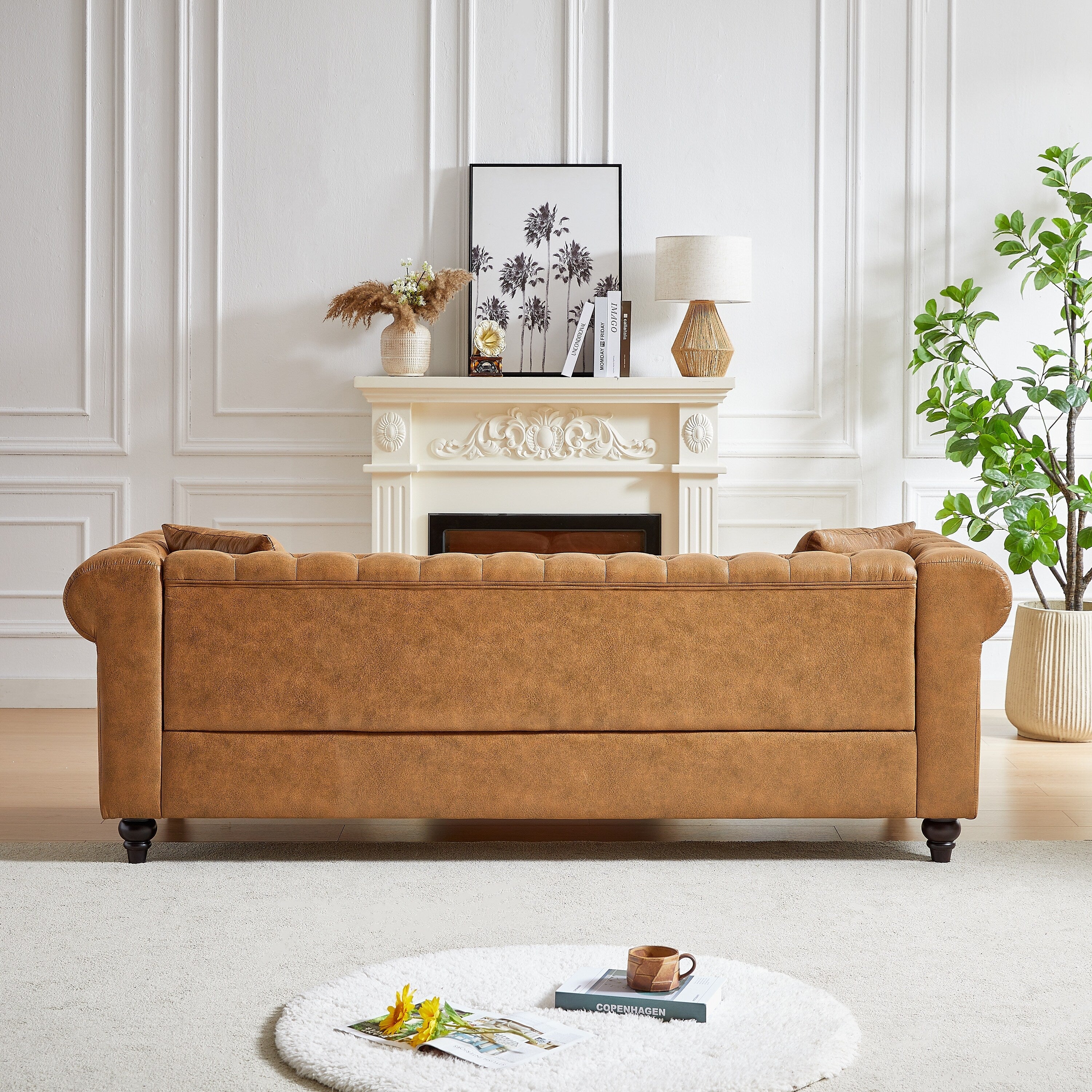 Brown 85.5 Tech Fabric 3-seater Rolled Arms Chesterfield Button Sofa with 2 Cushions for Living Room