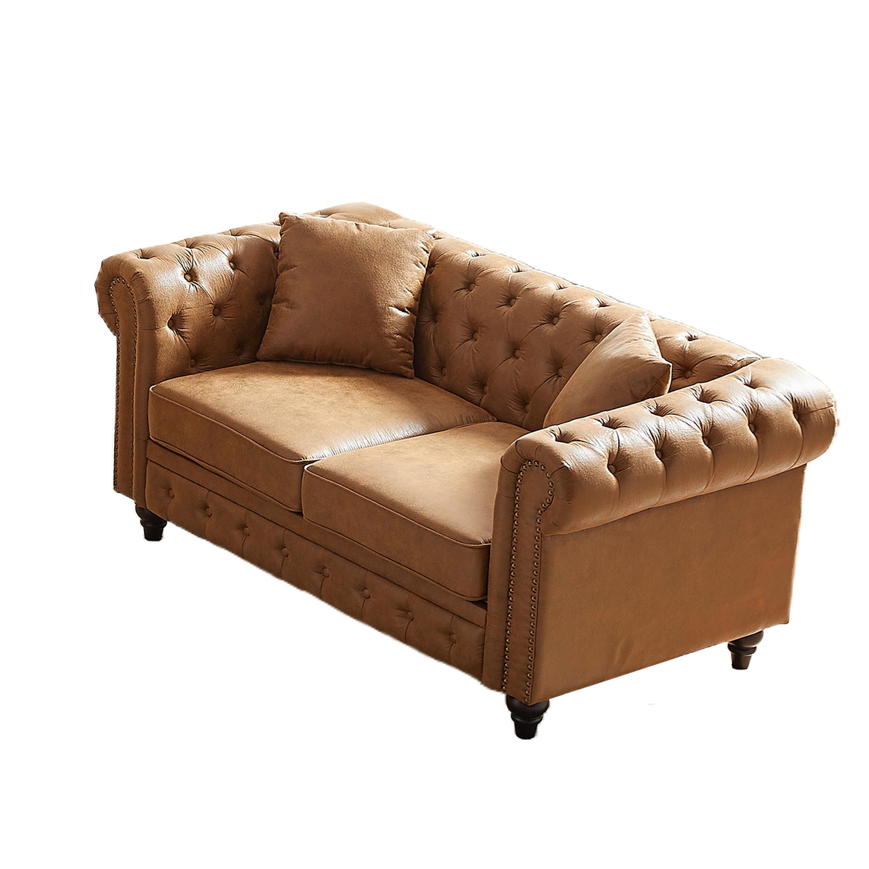 Brown 85.5 Tech Fabric 3-seater Rolled Arms Chesterfield Button Sofa with 2 Cushions for Living Room
