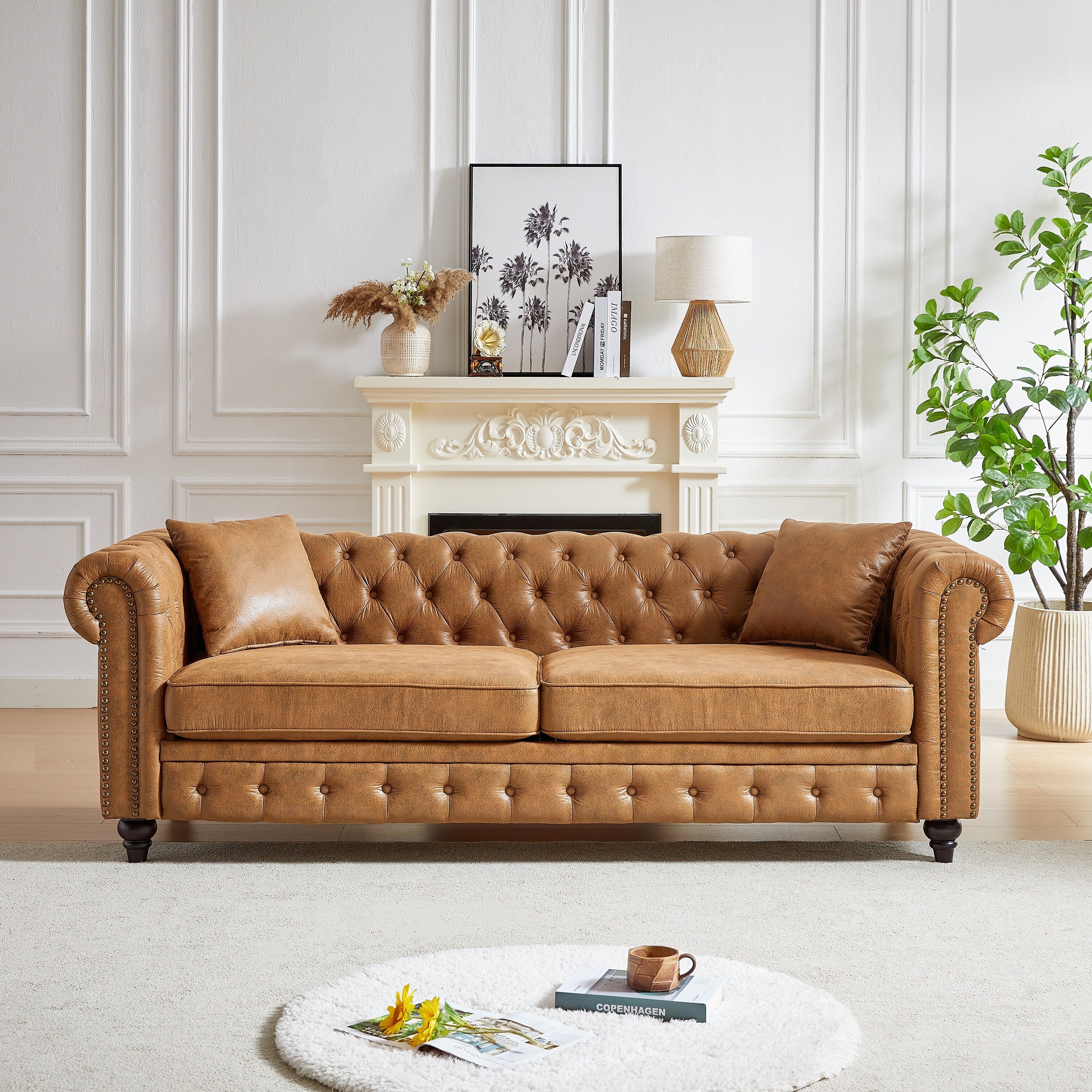 Brown 85.5 Tech Fabric 3-seater Rolled Arms Chesterfield Button Sofa with 2 Cushions for Living Room