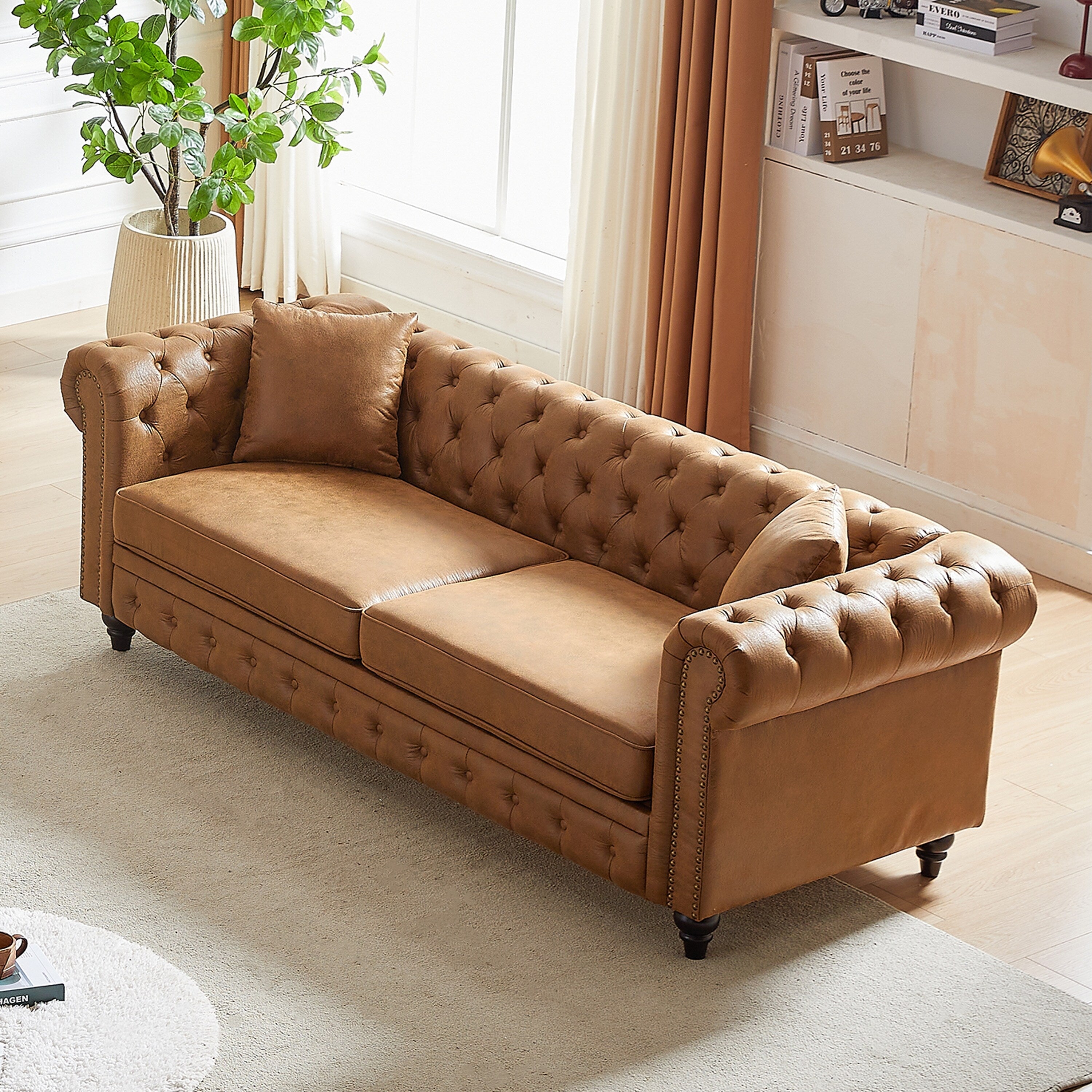 Brown 85.5 Tech Fabric 3-seater Rolled Arms Chesterfield Button Sofa with 2 Cushions for Living Room