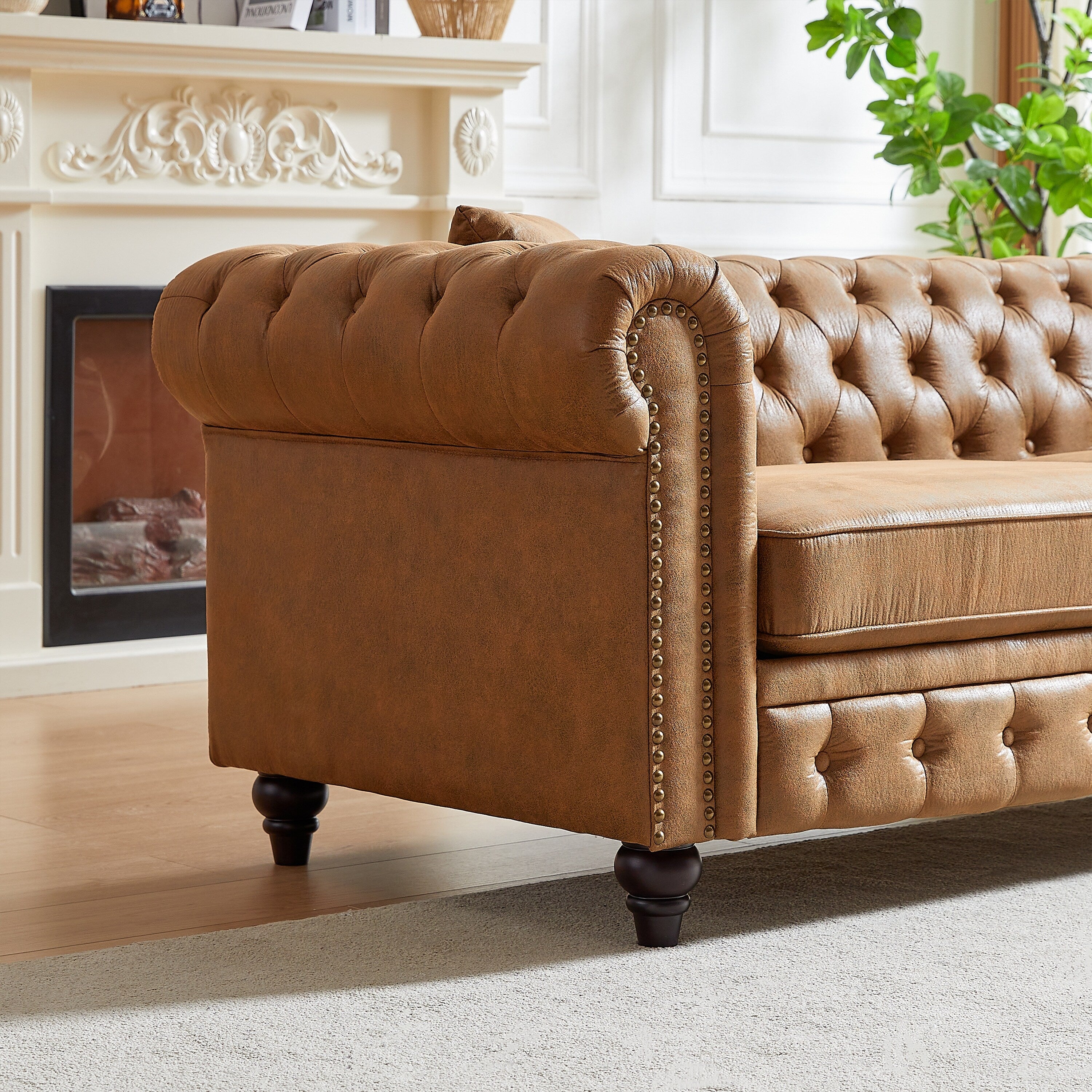 Brown 85.5 Tech Fabric 3-seater Rolled Arms Chesterfield Button Sofa with 2 Cushions for Living Room