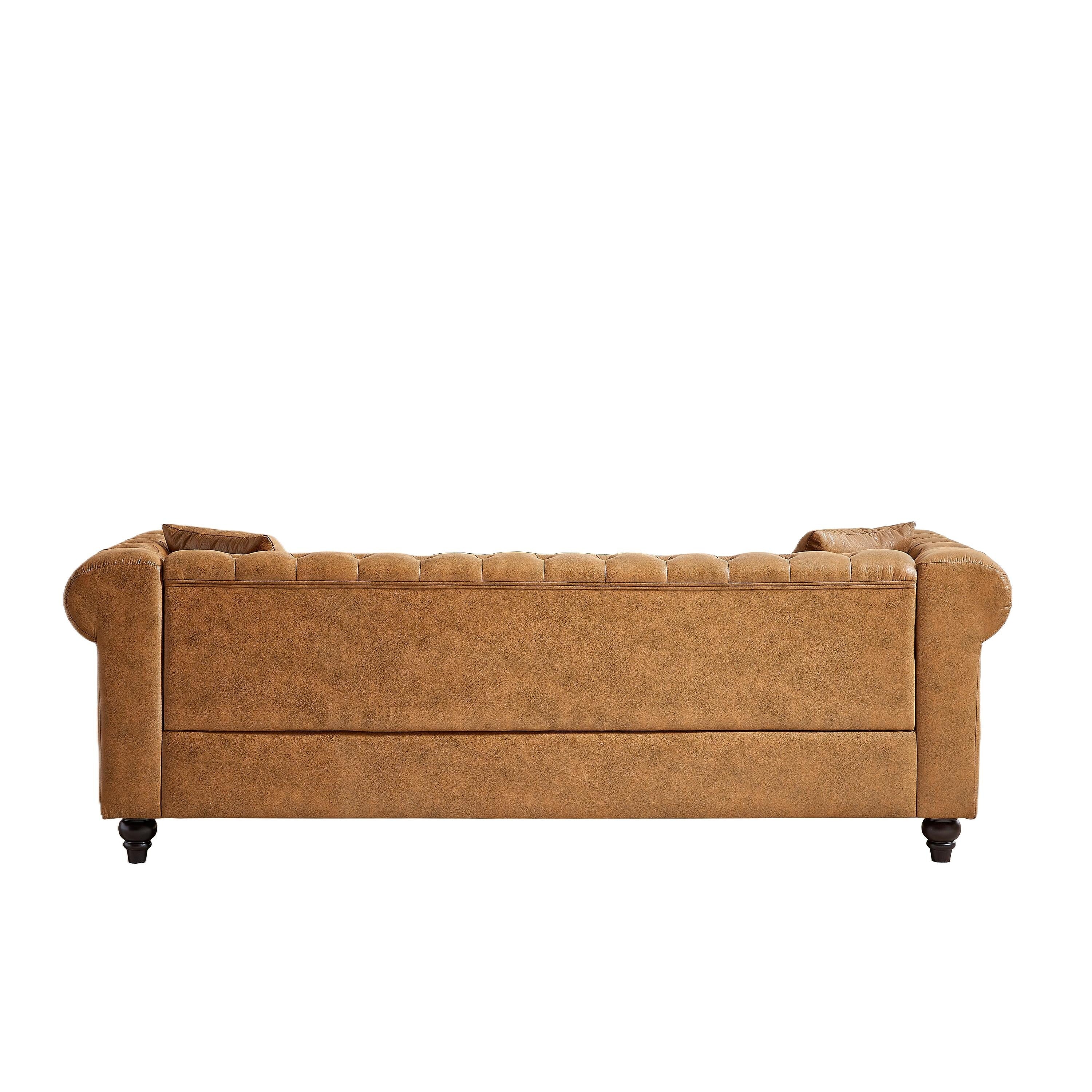 Brown 85.5 Tech Fabric 3-seater Rolled Arms Chesterfield Button Sofa with 2 Cushions for Living Room
