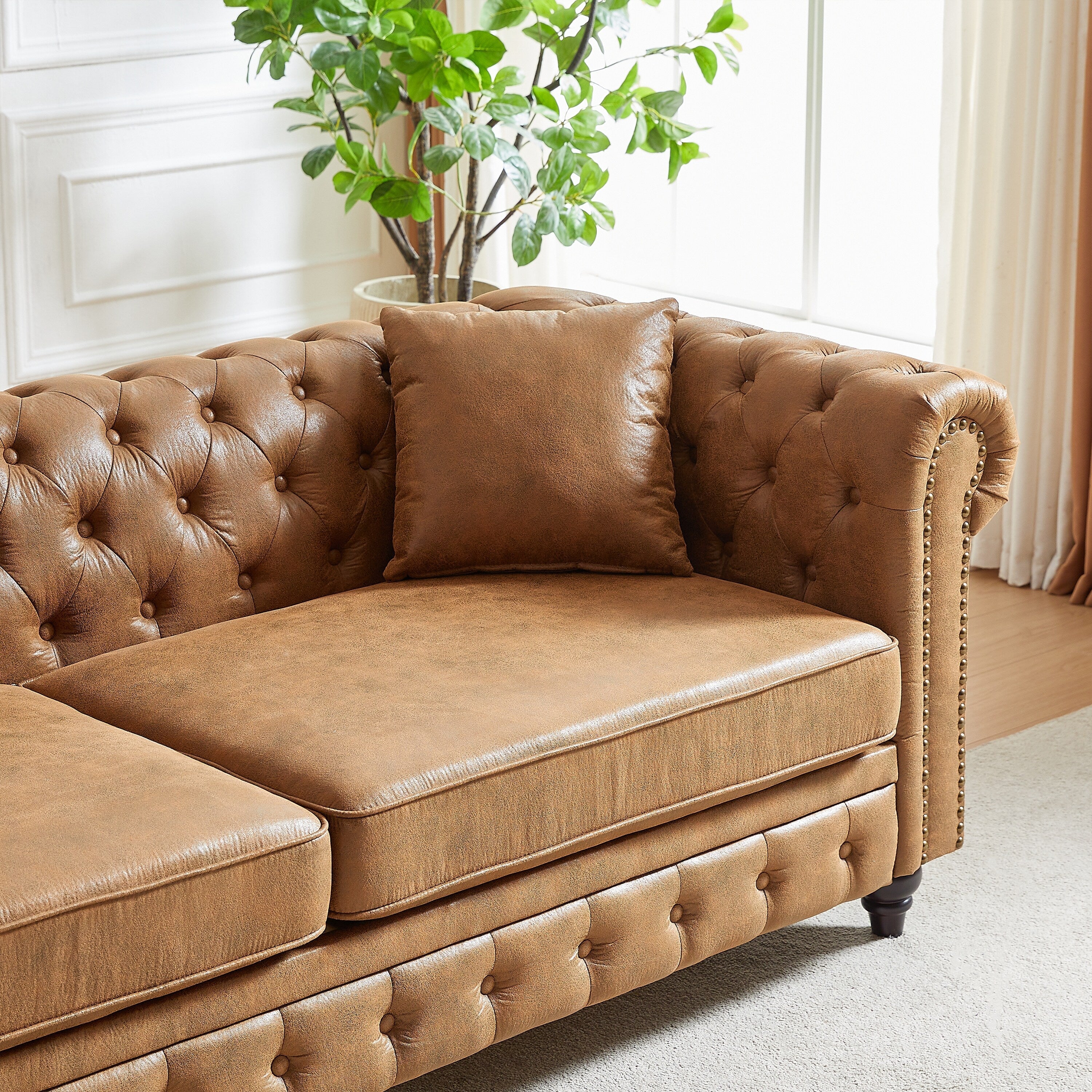 Brown 85.5 Tech Fabric 3-seater Rolled Arms Chesterfield Button Sofa with 2 Cushions for Living Room