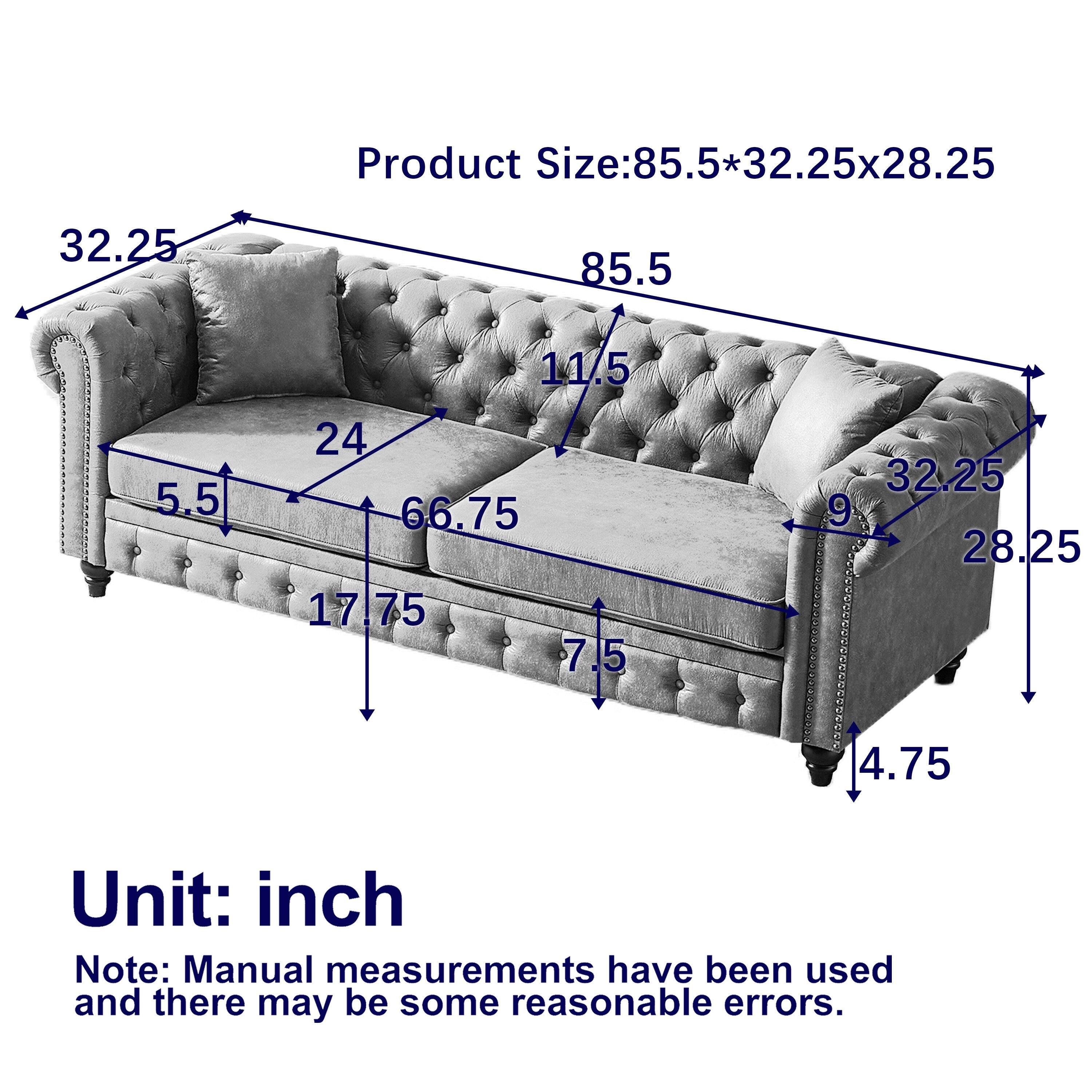 Brown 85.5 Tech Fabric 3-seater Rolled Arms Chesterfield Button Sofa with 2 Cushions for Living Room