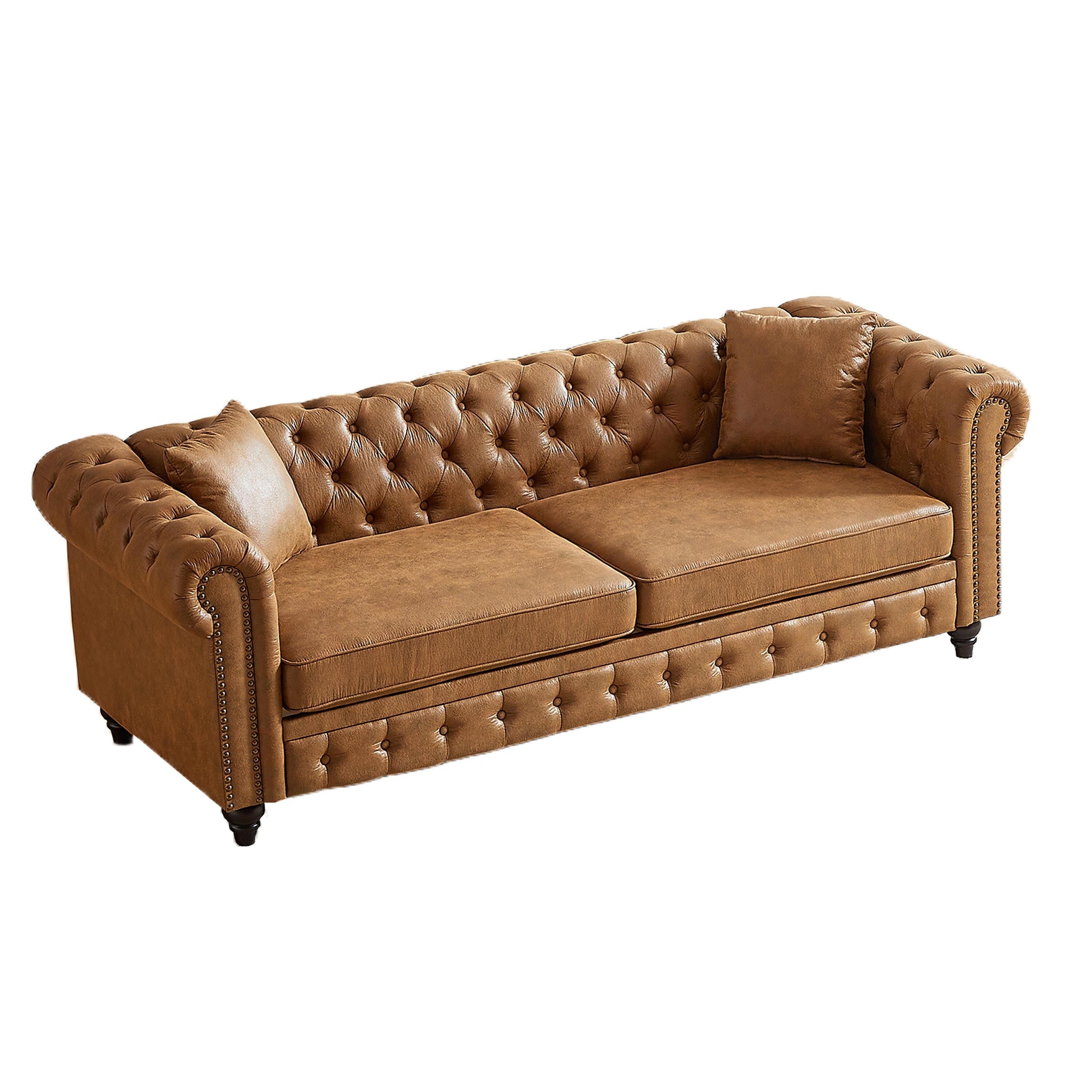 Brown 85.5 Tech Fabric 3-seater Rolled Arms Chesterfield Button Sofa with 2 Cushions for Living Room
