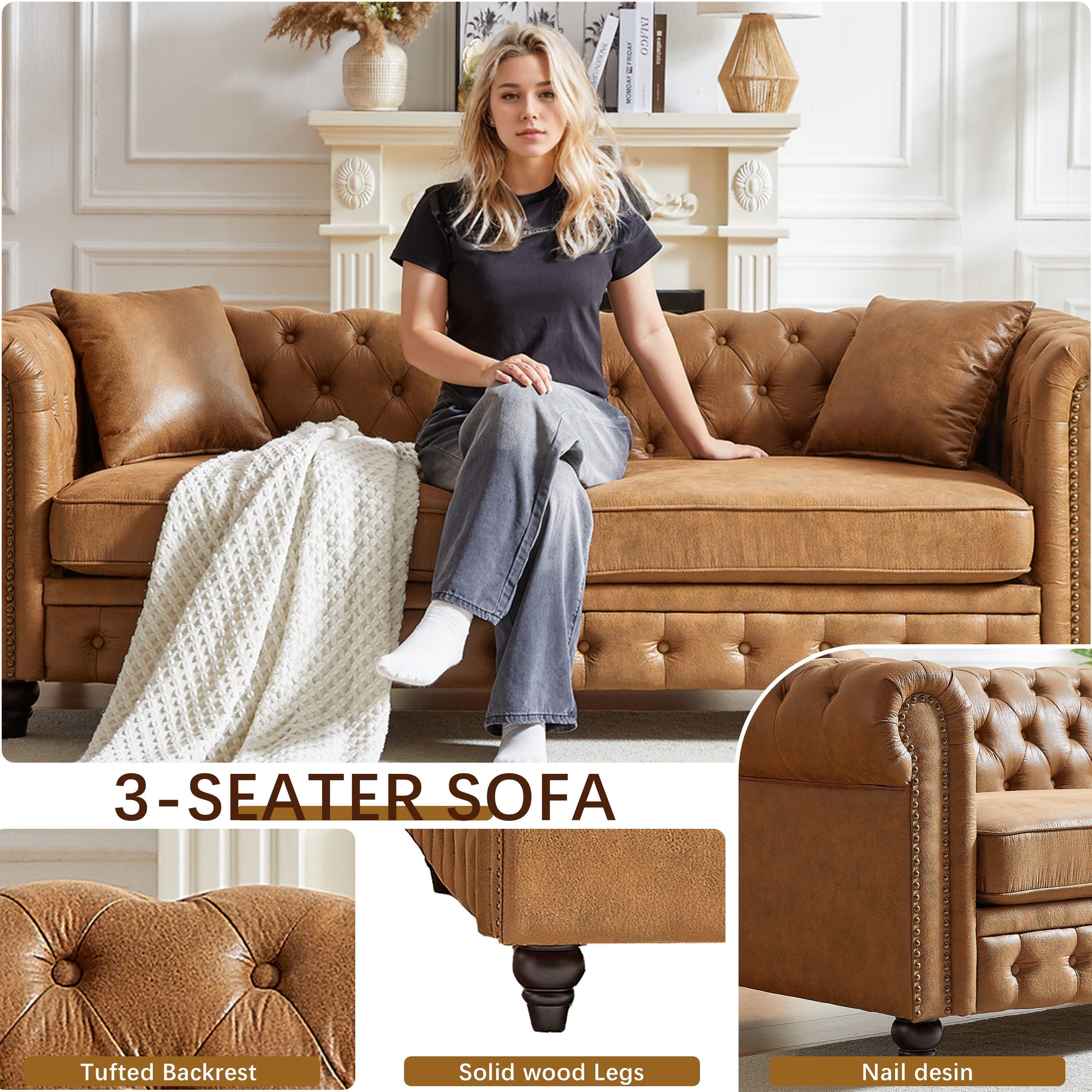 Brown 85.5 Tech Fabric 3-seater Rolled Arms Chesterfield Button Sofa with 2 Cushions for Living Room