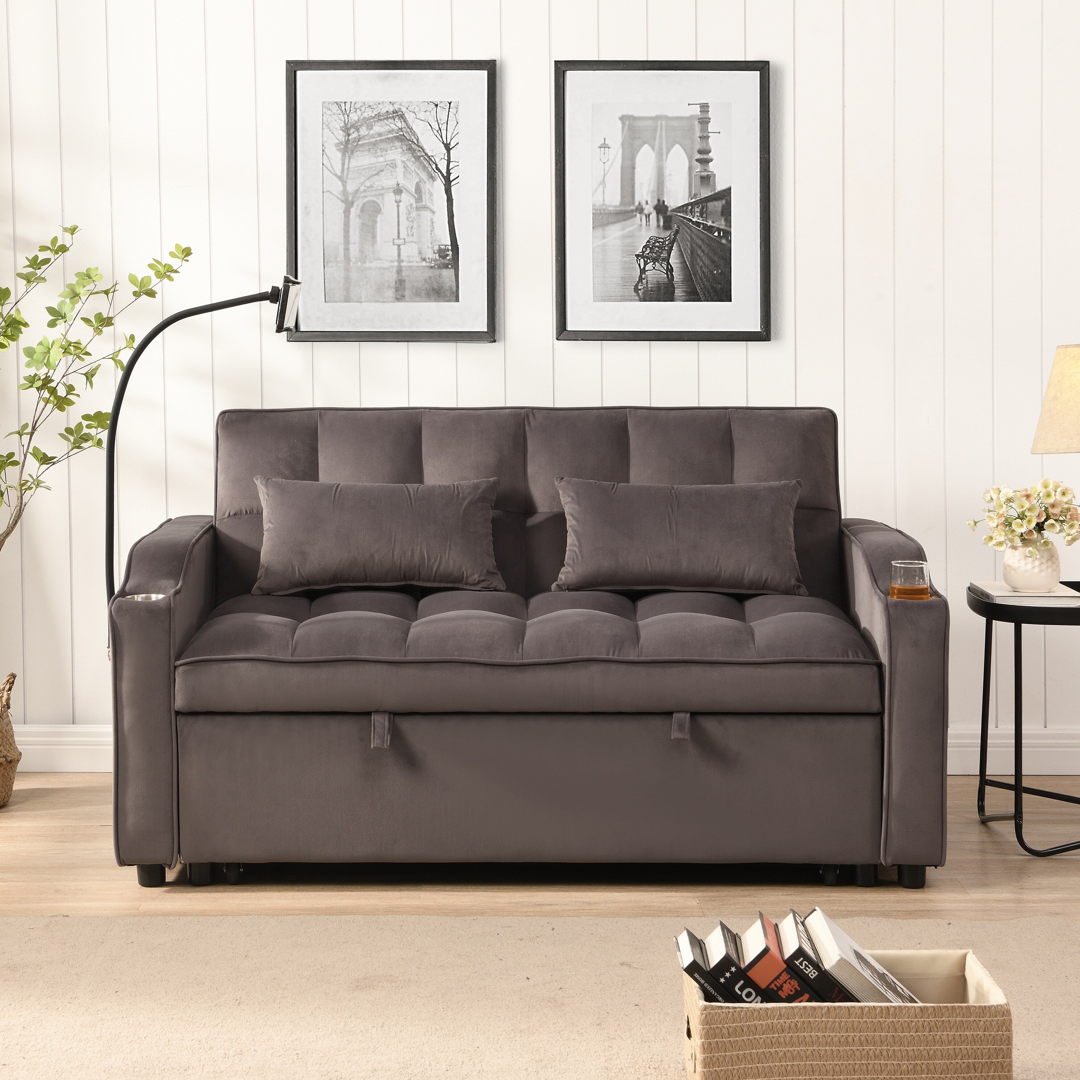 Charcoal Grey Velvet Sofa Bed with Trundle Full Size Convertible Adjustable Back USB Charging Easy Assembly