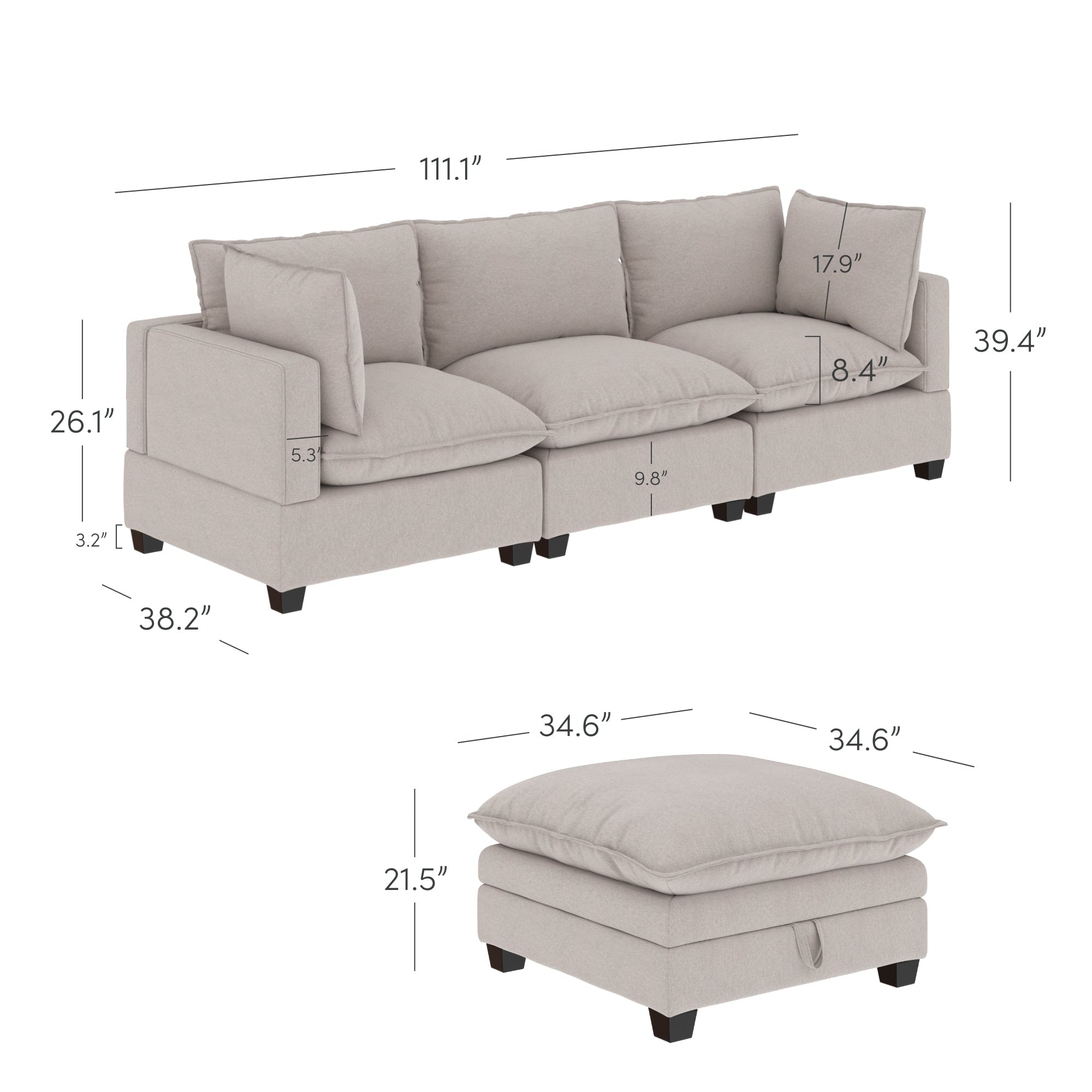 Chelsea Modern Cloud Modular Upholstered Sofa with Deep Seat and Plush Cushions