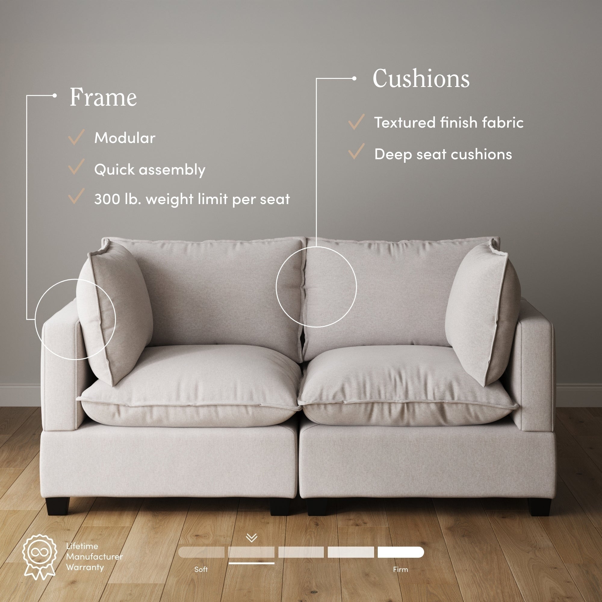 Chelsea Modern Cloud Modular Upholstered Sofa with Deep Seat and Plush Cushions
