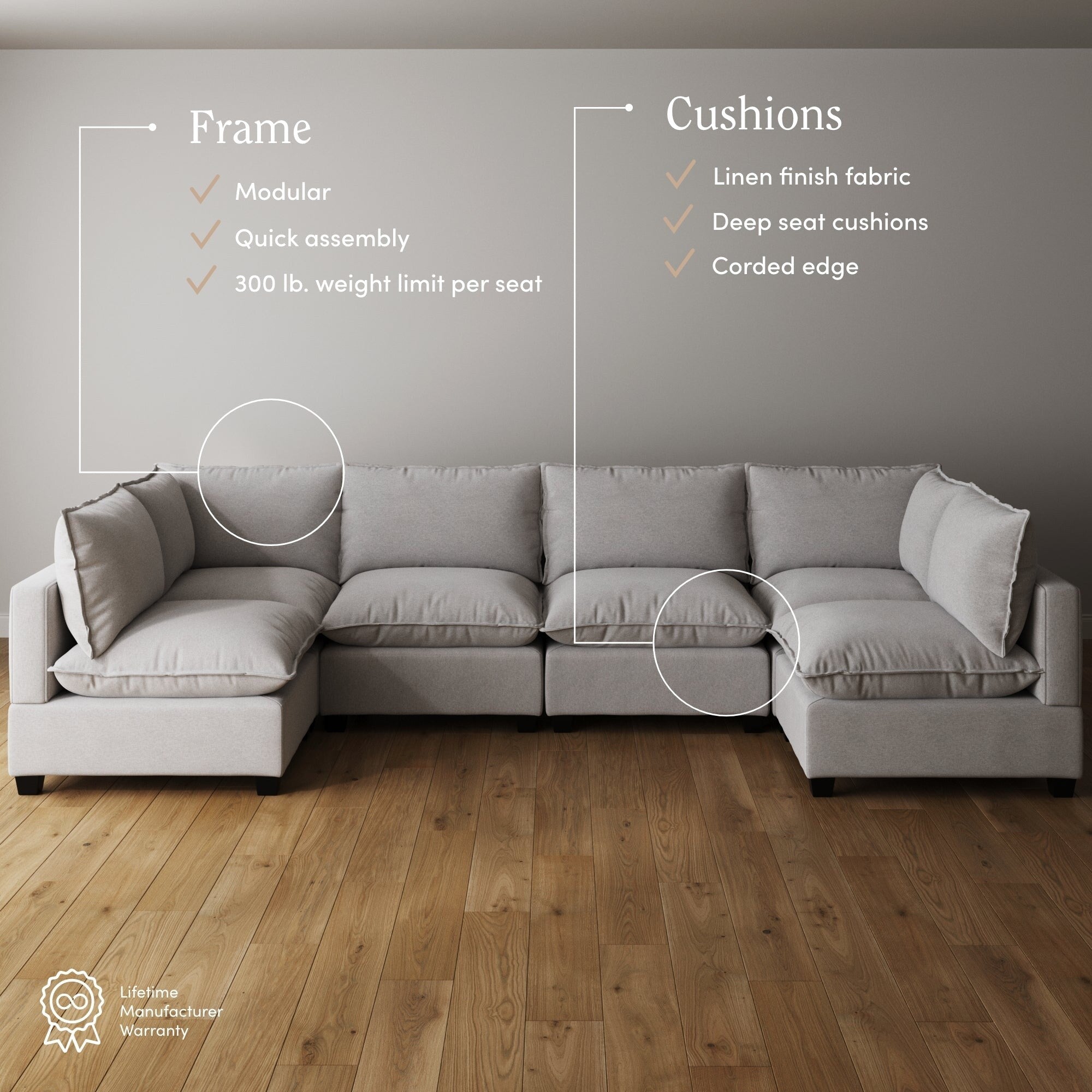 Chelsea Modern Cloud Modular Upholstered Sofa with Deep Seat and Plush Cushions