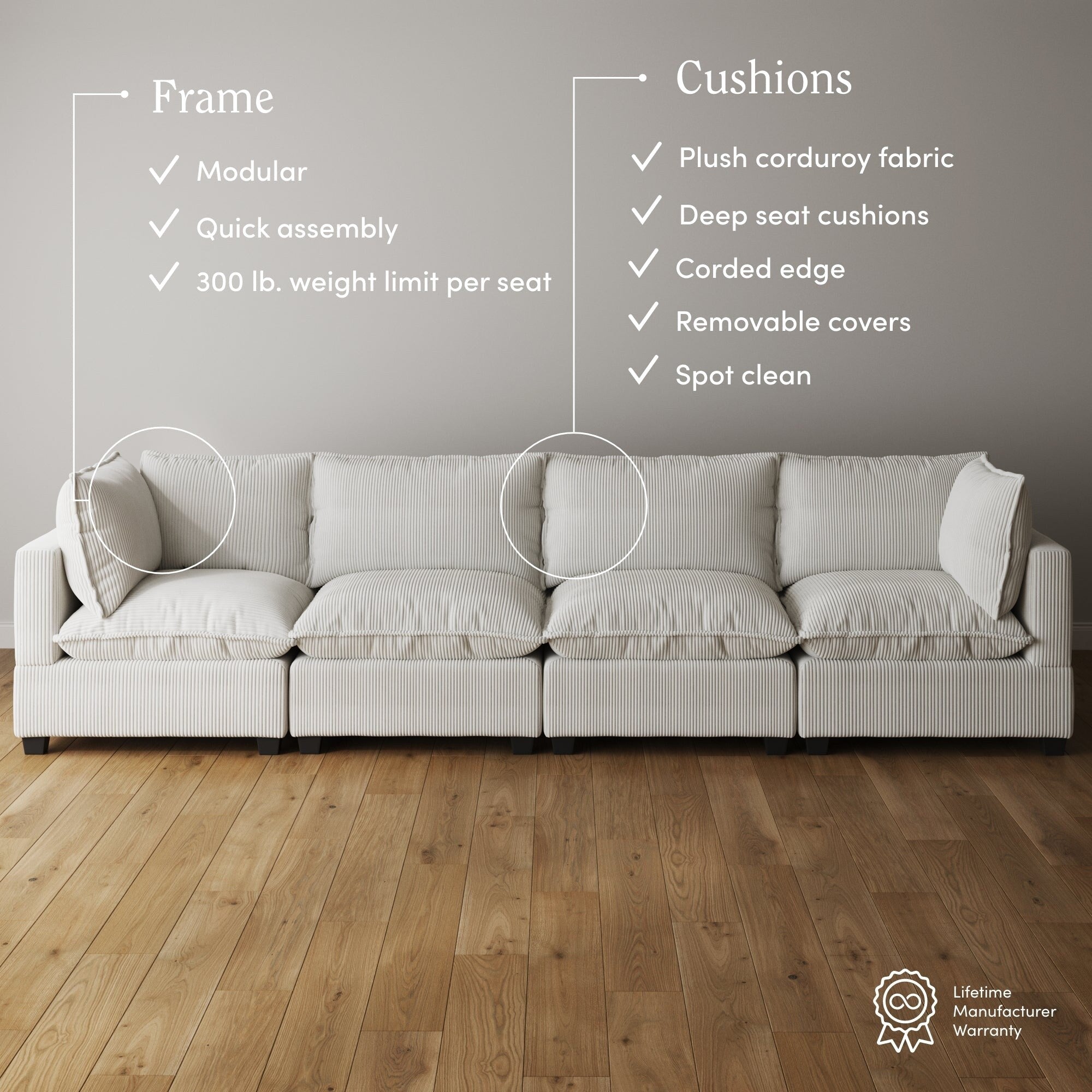 Chelsea Modern Cloud Modular Upholstered Sofa with Deep Seat and Plush Cushions