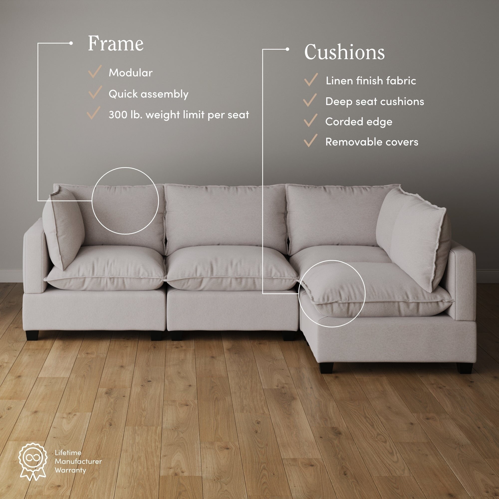 Chelsea Modern Cloud Modular Upholstered Sofa with Deep Seat and Plush Cushions