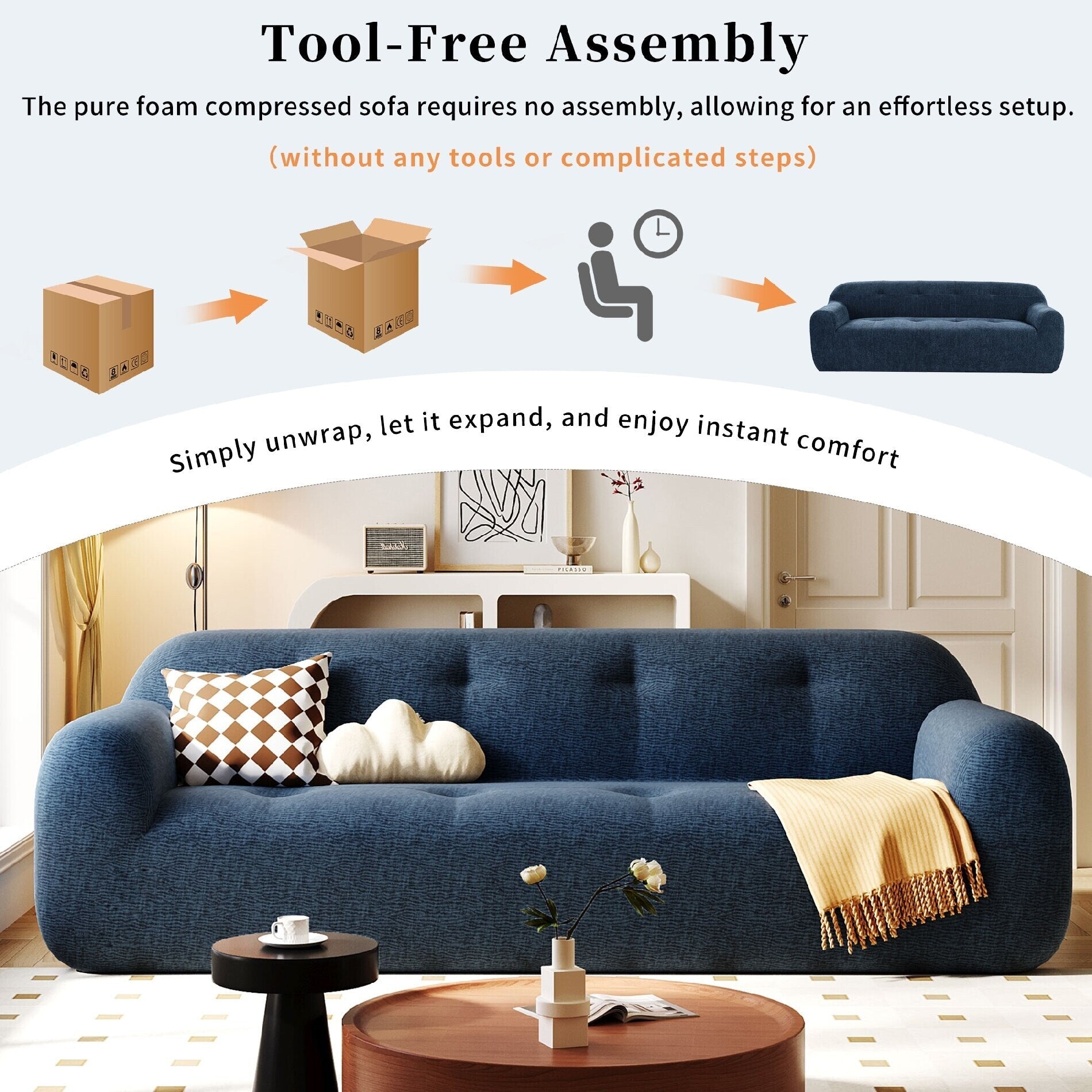 Chenille Fabric 3-Seater Sofa with Tufted Style and Full Sponge Compression Design