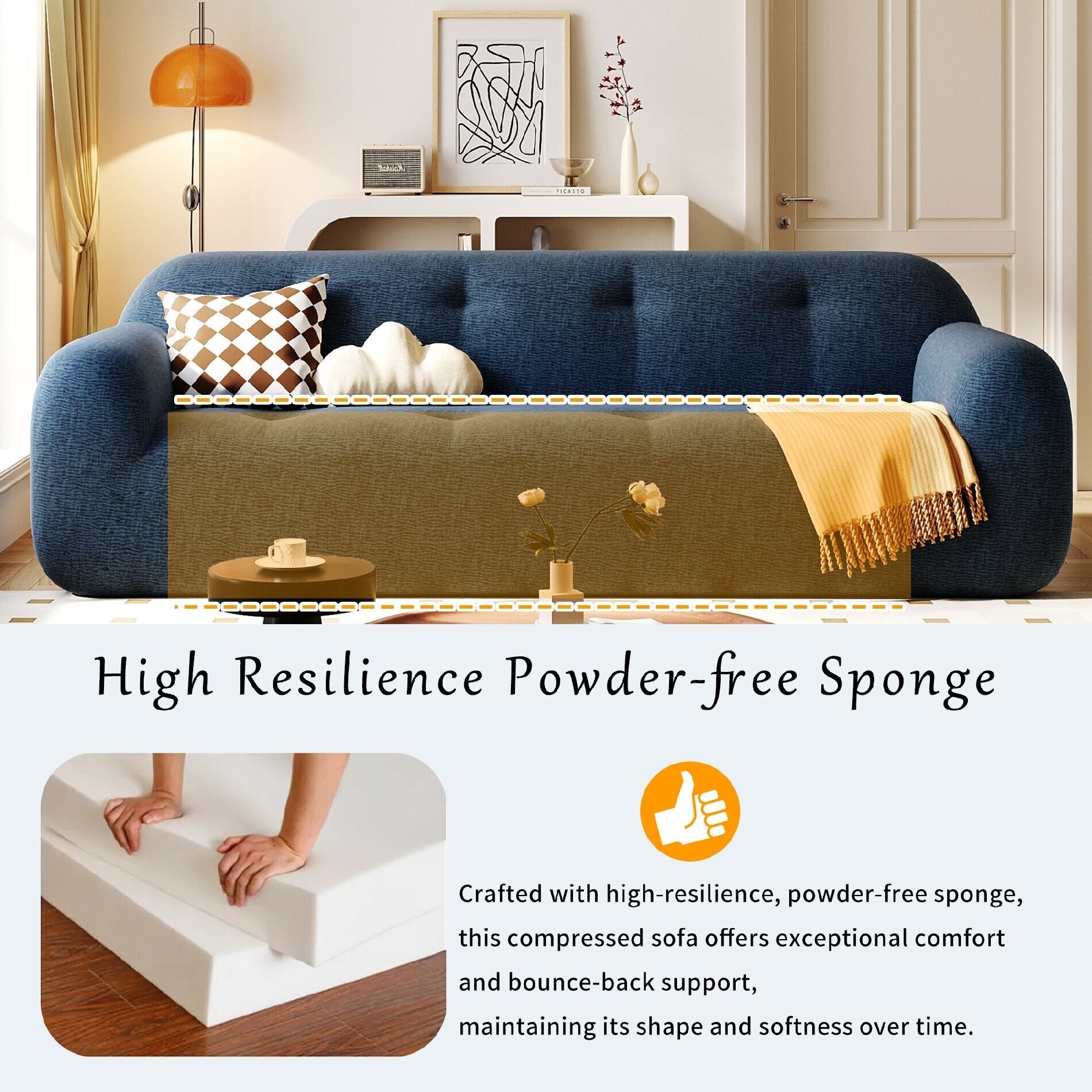 Chenille Fabric 3-Seater Sofa with Tufted Style and Full Sponge Compression Design