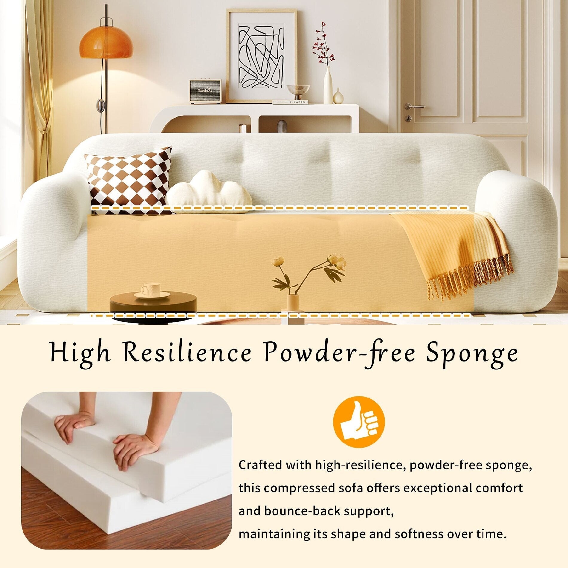 Chenille Fabric 3-Seater Sofa with Tufted Style and Full Sponge Compression Design